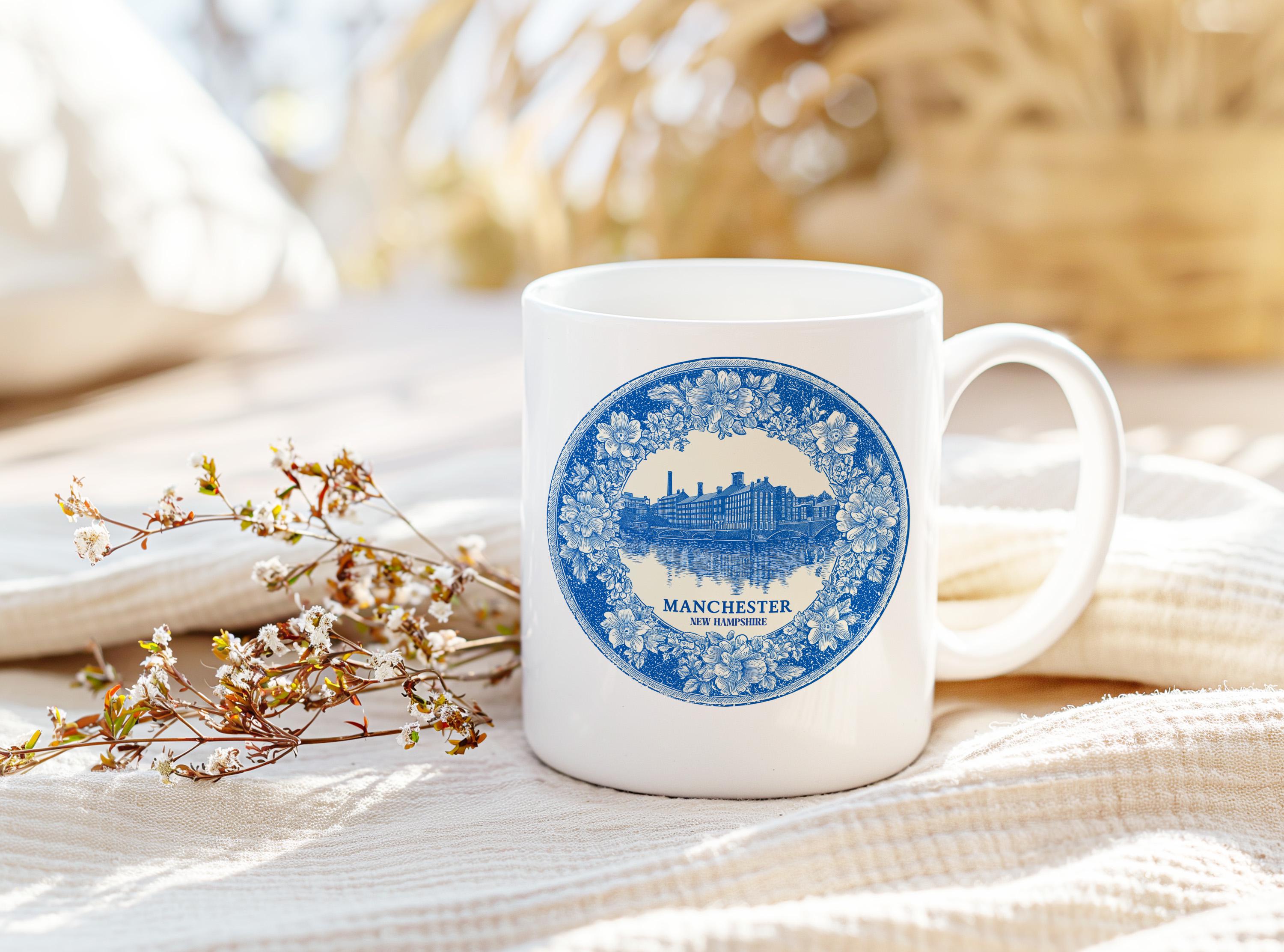 Manchester New Hampshire Mug, Custom Delft Style cup, Personalized Vintage Travel City Gift