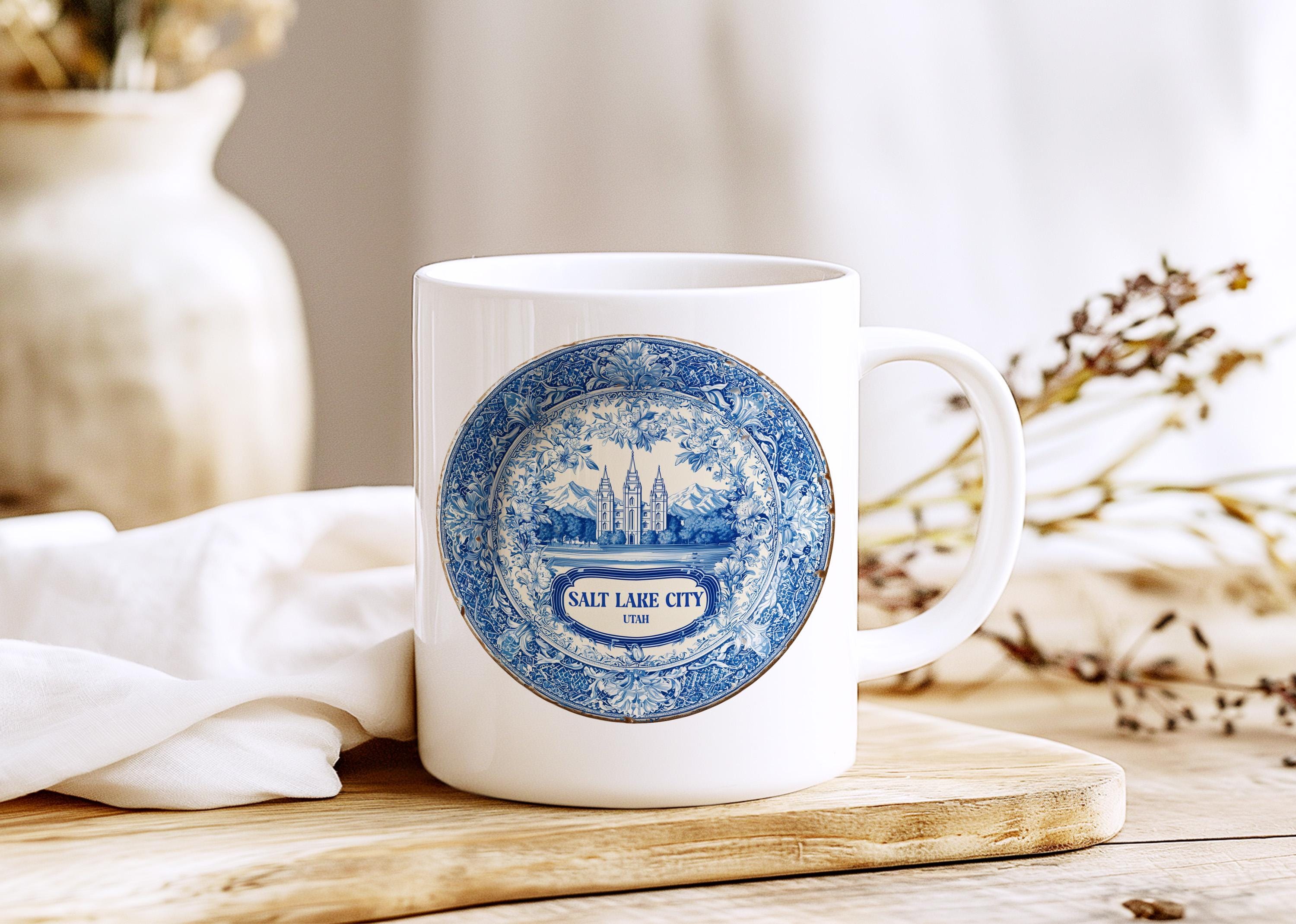 Salt Lake City Utah Mug, Custom Delft Style cup, Personalized Vintage Travel City Gift