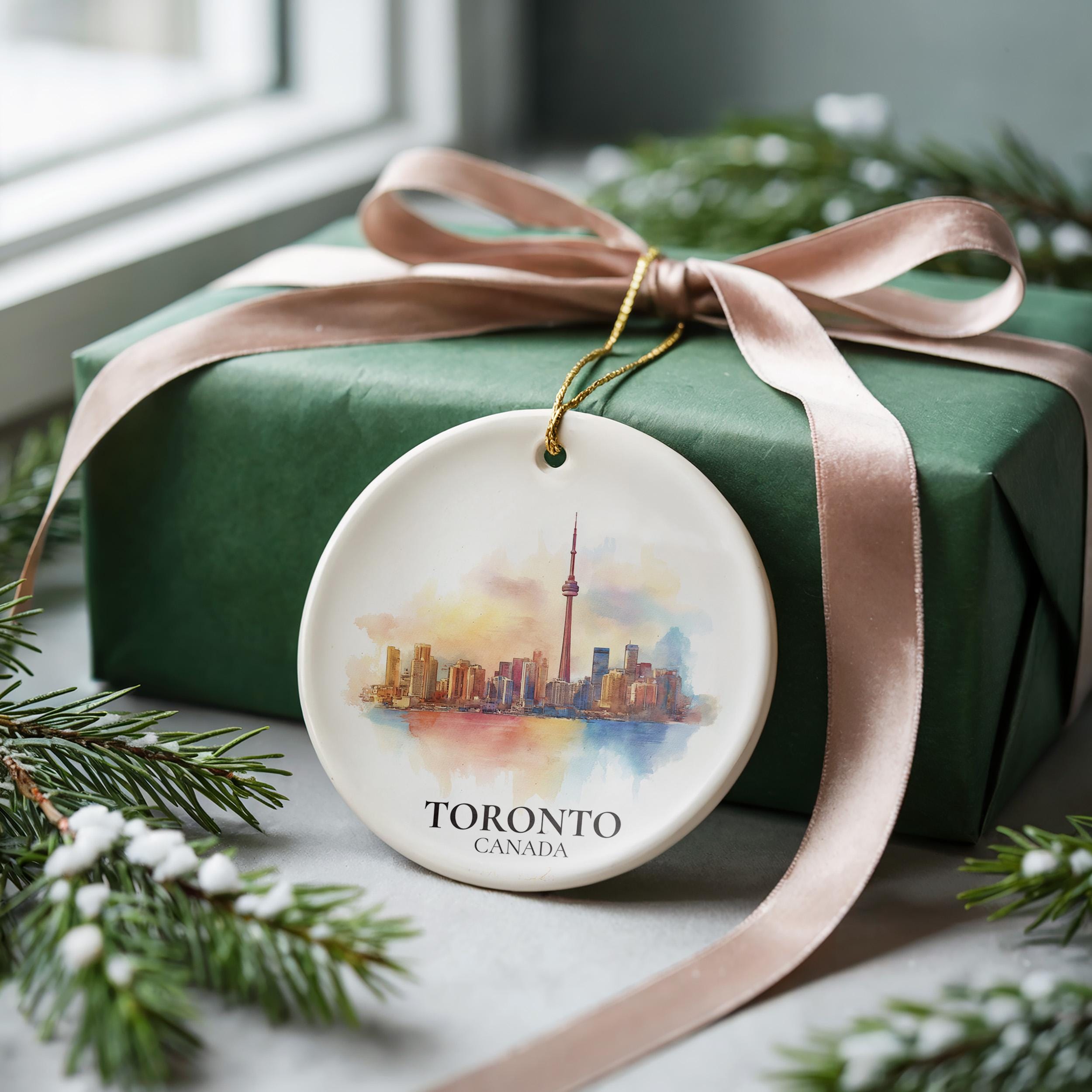 Toronto Ontario Personalized Watercolor Ornament, Custom Ceramic Christmas gift, Travel Keepsake