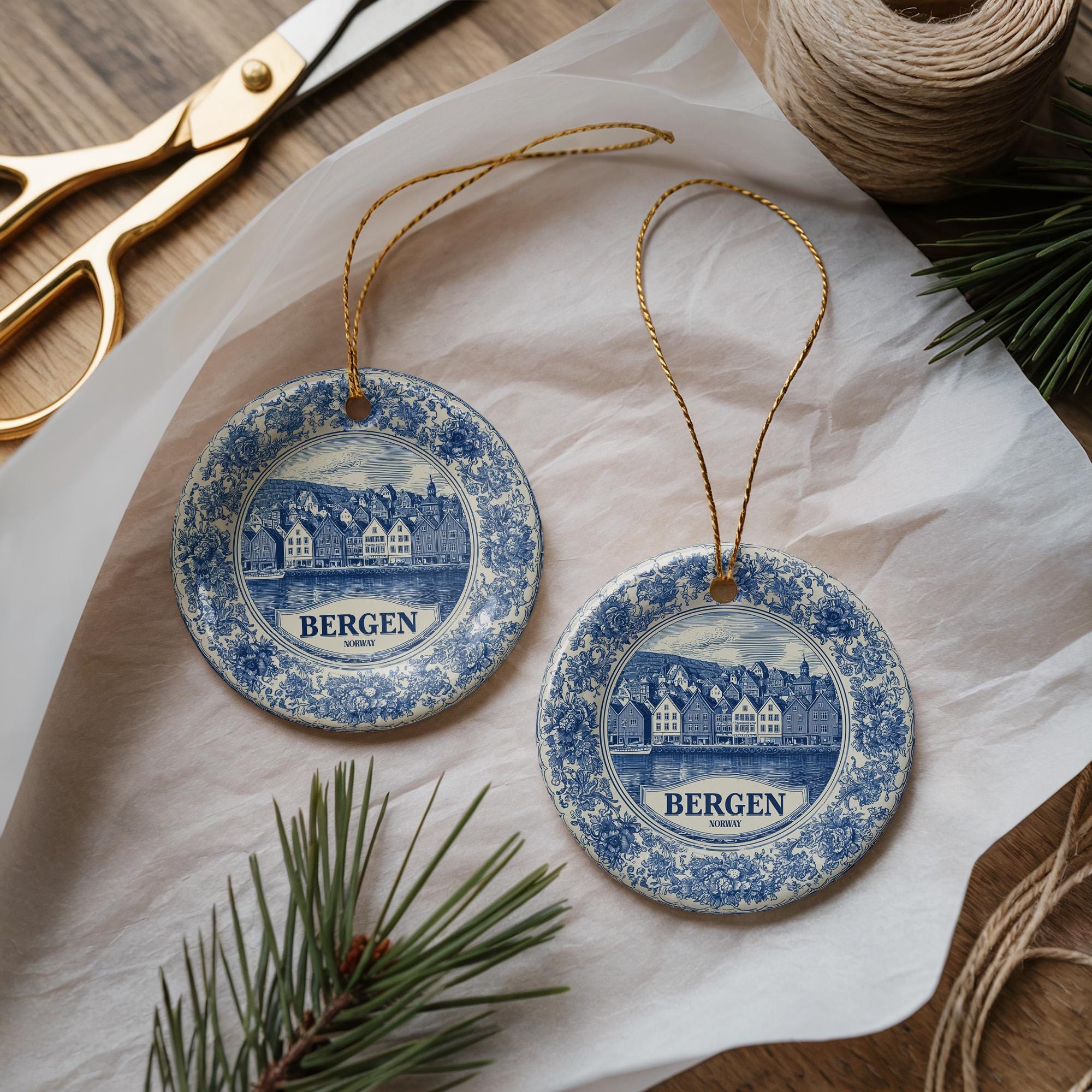 Custom Bergen Norway Ceramic Delft Ornament, Christmas Delftware Blue Delftware city travel