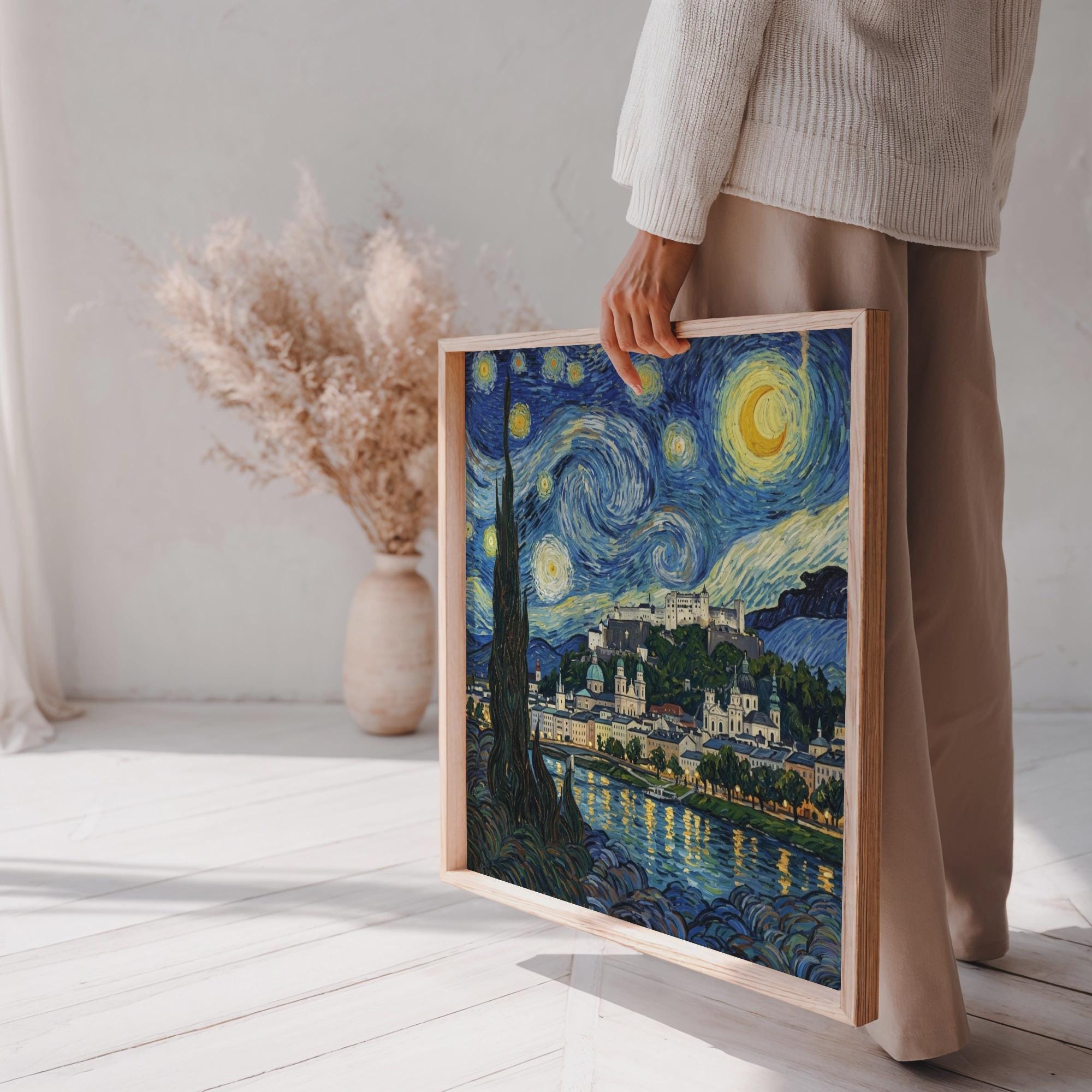 Salzburg Starry Night Wall Art, Van Gogh Style Framed Canvas, Austria City Print