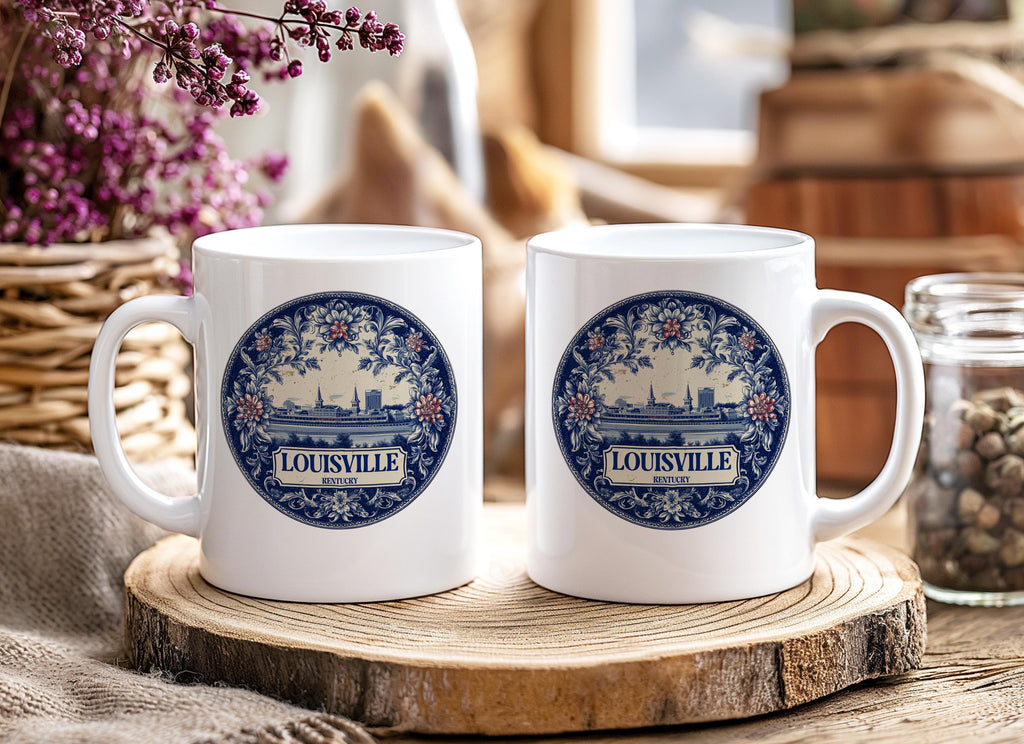 Louisville Kentucky Mug, Custom Delft Style cup, Personalized Vintage Travel City Gift