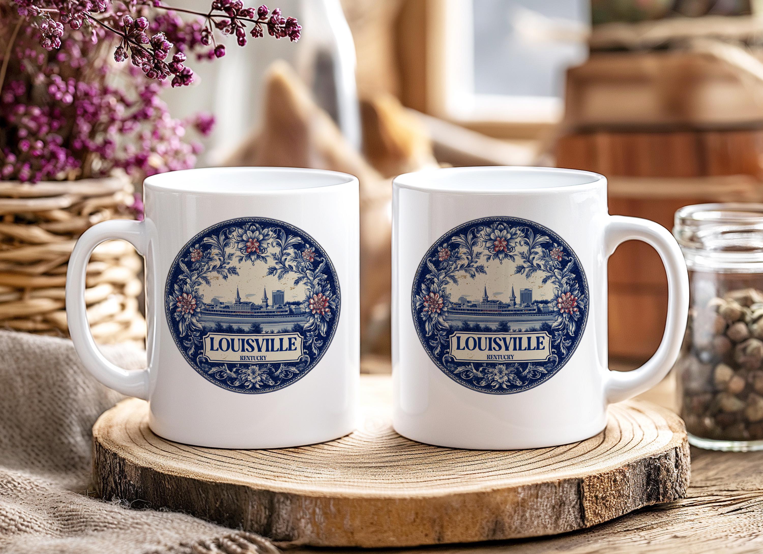 Louisville Kentucky Mug, Custom Delft Style cup, Personalized Vintage Travel City Gift