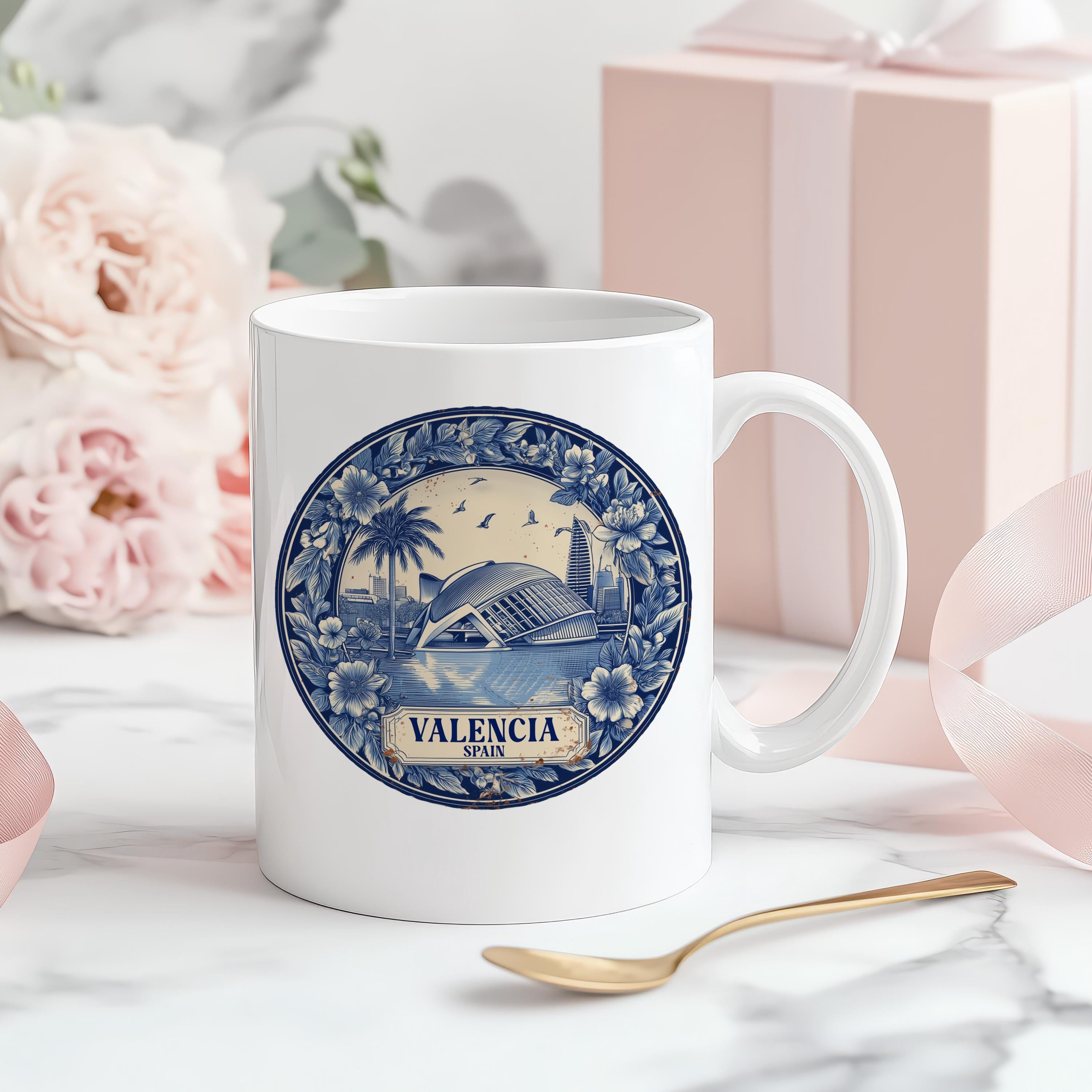 Valencia Spain Mug, Custom Delft Style cup, Personalized Vintage Travel City Gift