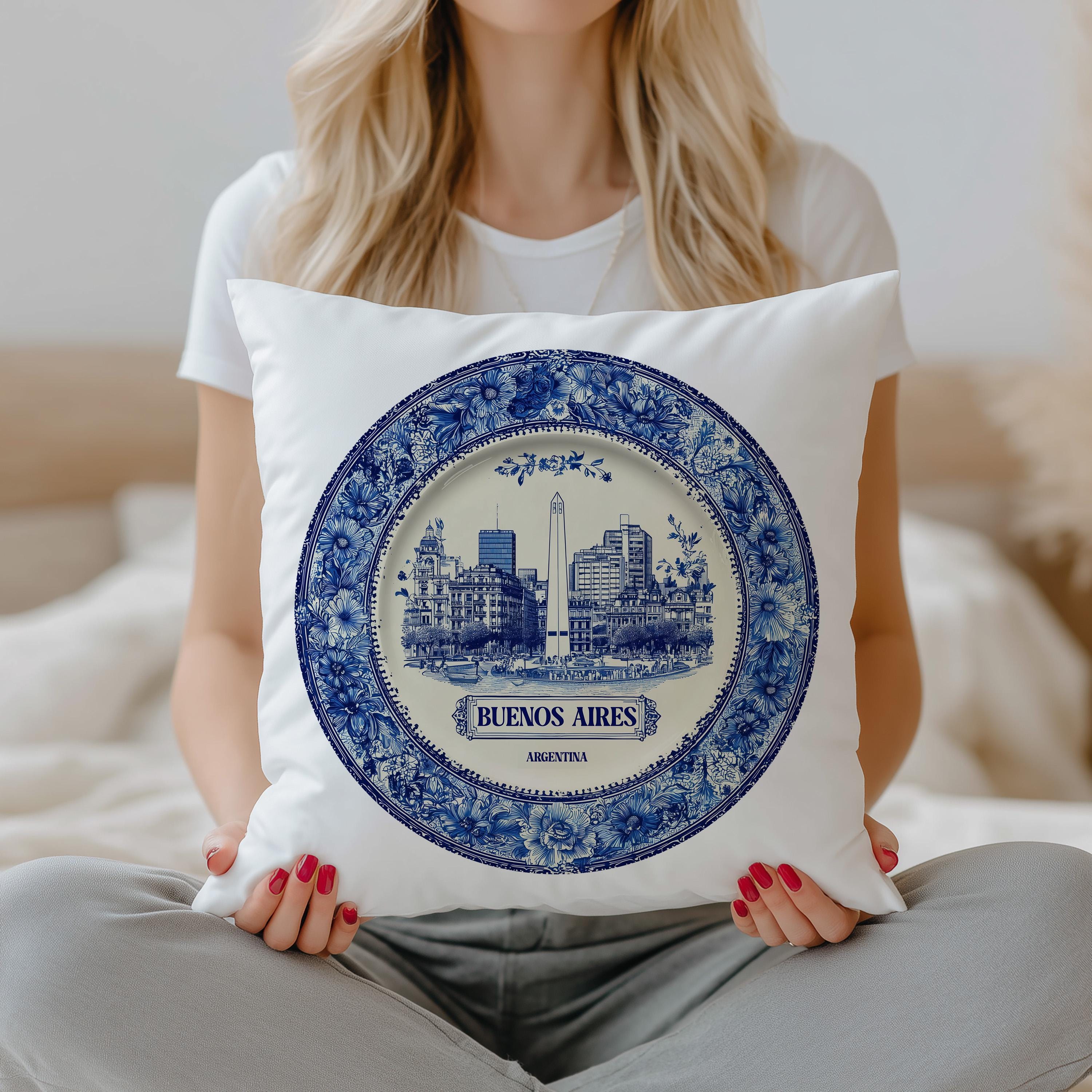Buenos Aires Argentina Pillowcase, Delft Style Decorative Throw Pillow, Vintage Cityscape Retro Home Decor