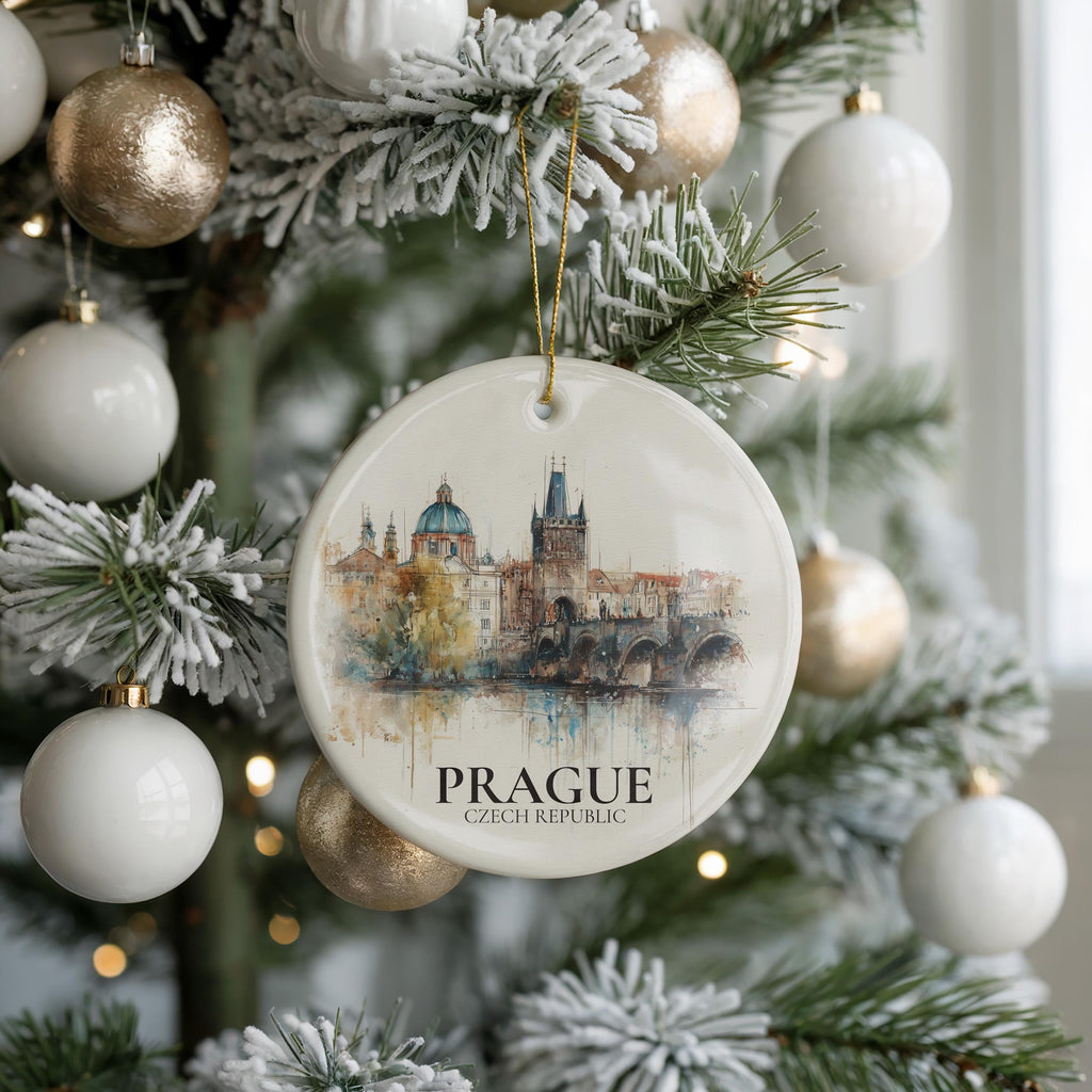 Prague Personalized Watercolor Ornament, Czech Republic Custom Ceramic Christmas gift, Travel Keepsake
