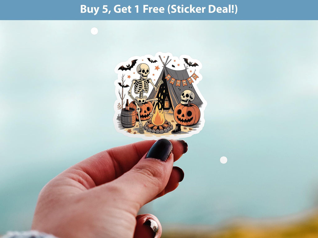 Camping Skeleton Sticker, Spooky Halloween Waterproof Decal for tumbler, kindle