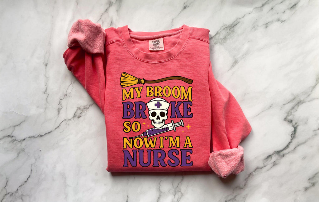 My Broom Broke So I am a nurse Halloween Nurse Sweatshirt, Spooky RN Fall Top Cozy Autumn Pullover, Cute Retro Gift for Nurse