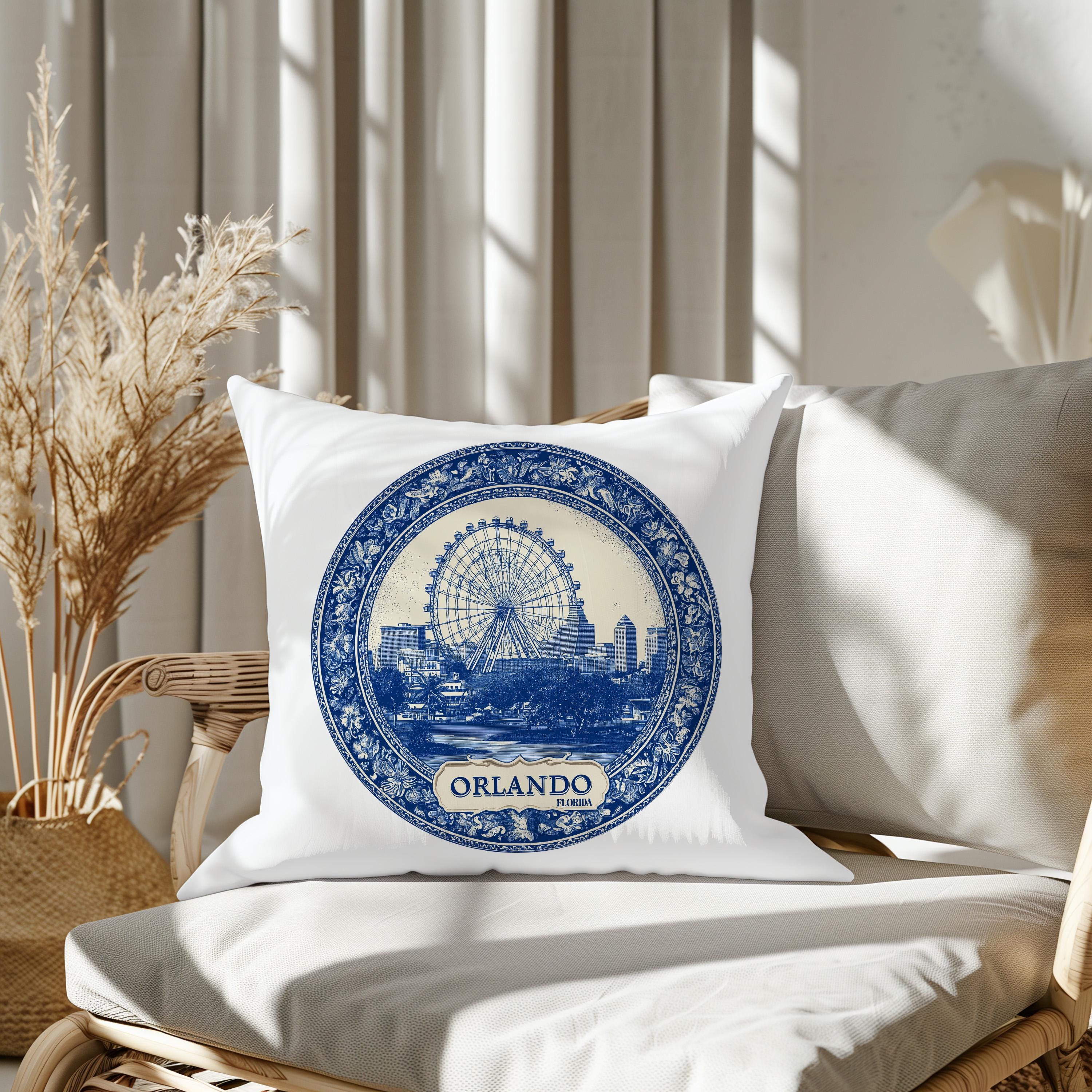 Orlando Florida Pillowcase, Delft Style Decorative Throw Pillow, Vintage Cityscape Retro Home Decor