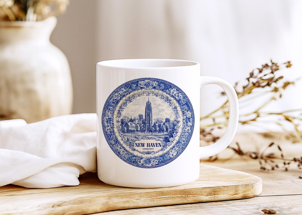New Haven Connecticut Mug, Custom Delft Style cup, Personalized Vintage Travel City Gift