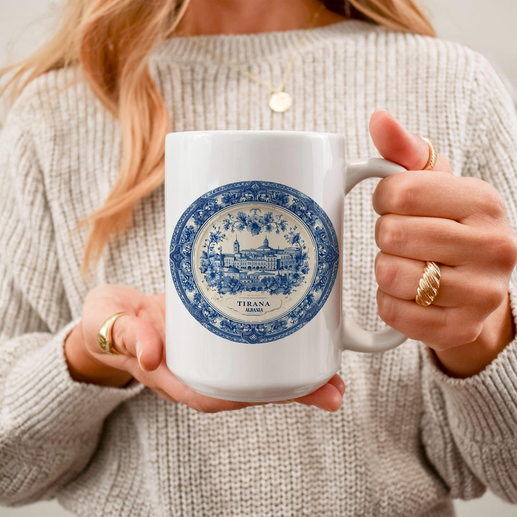 Tirana Albania Mug, Custom Delft Style cup, Personalized Vintage Travel City Gift