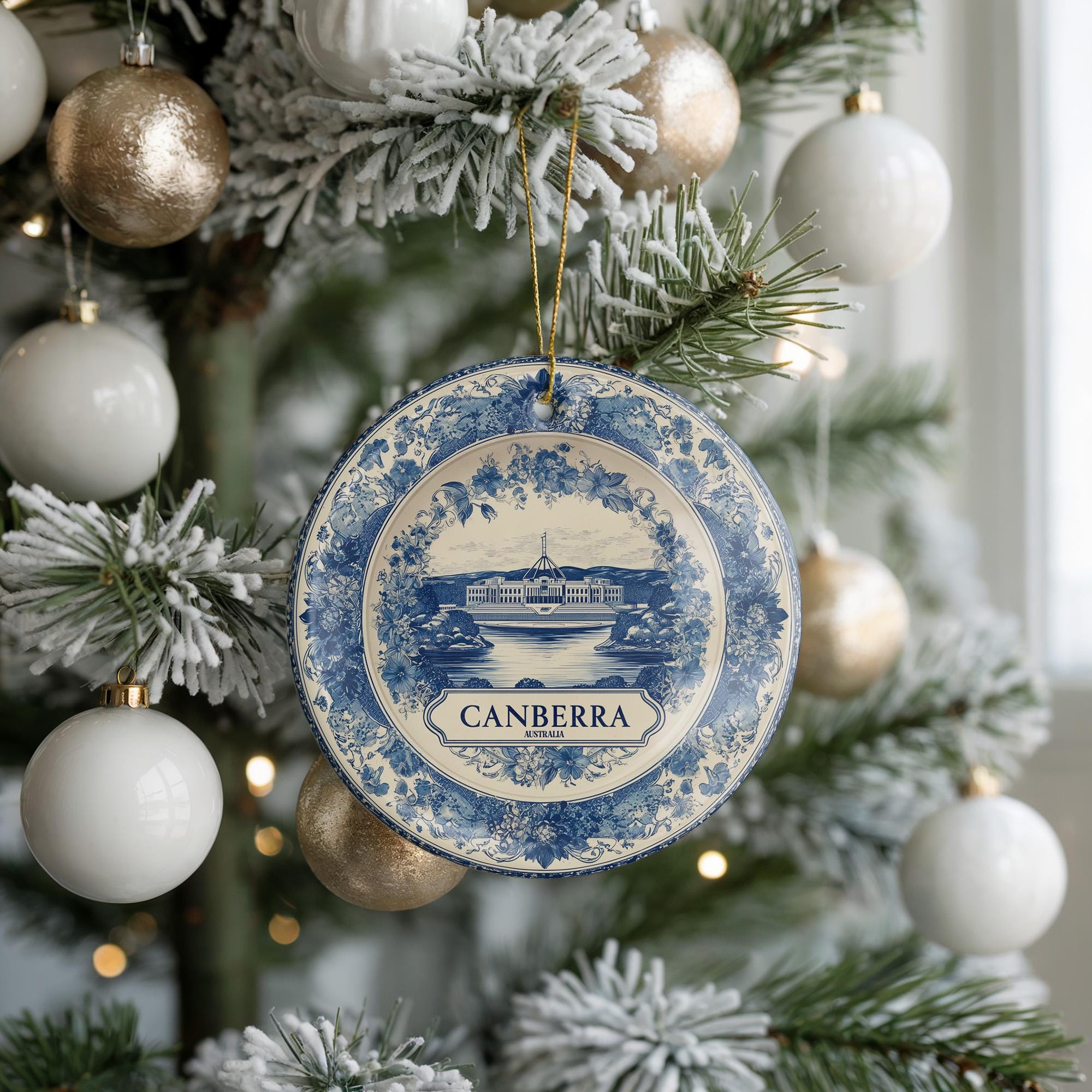 Custom Canberra Australia Ceramic Delft Ornament, Christmas Delftware Blue Delftware city travel