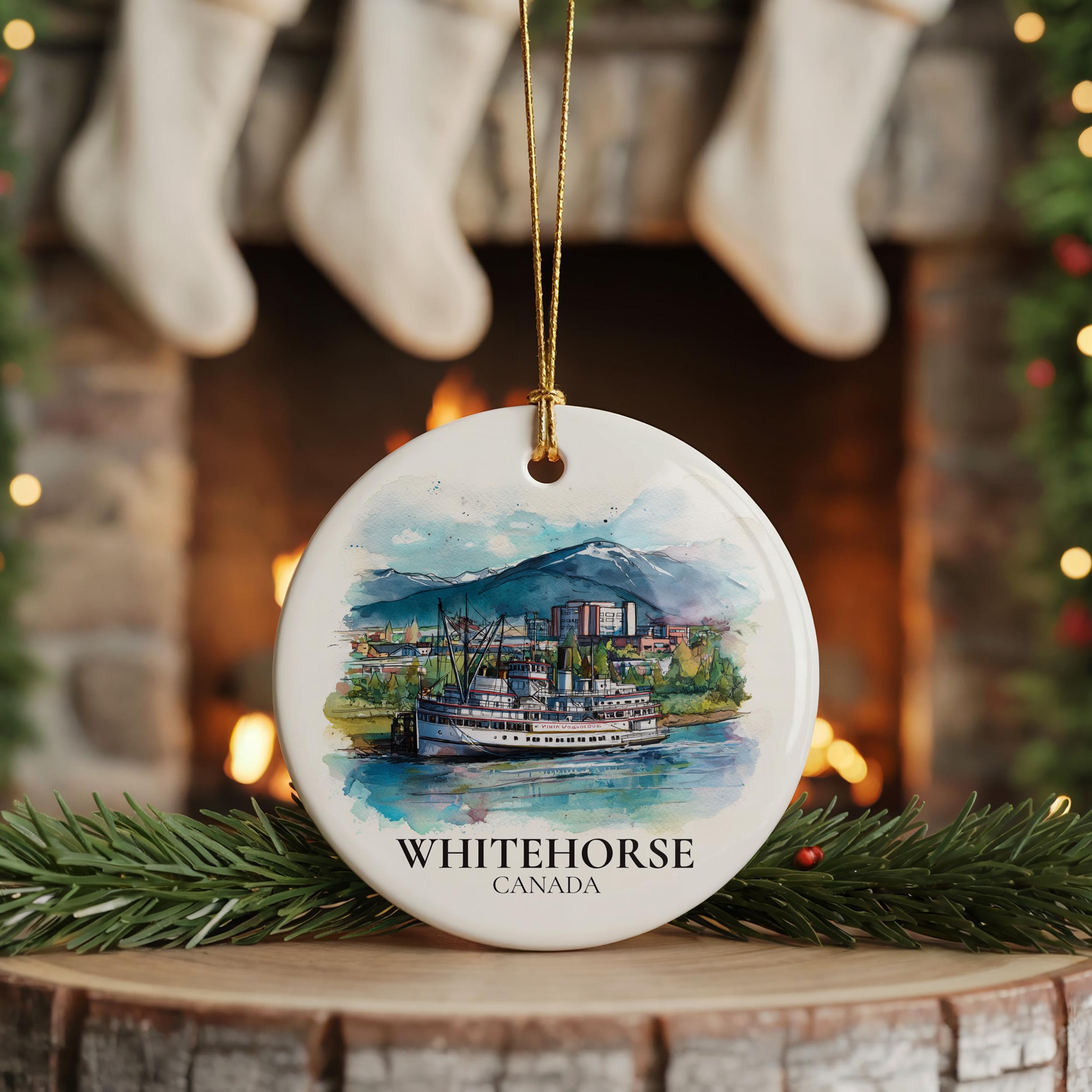 Whitehorse Canada Personalized Watercolor Ornament, Custom Ceramic Christmas gift, Travel Keepsake