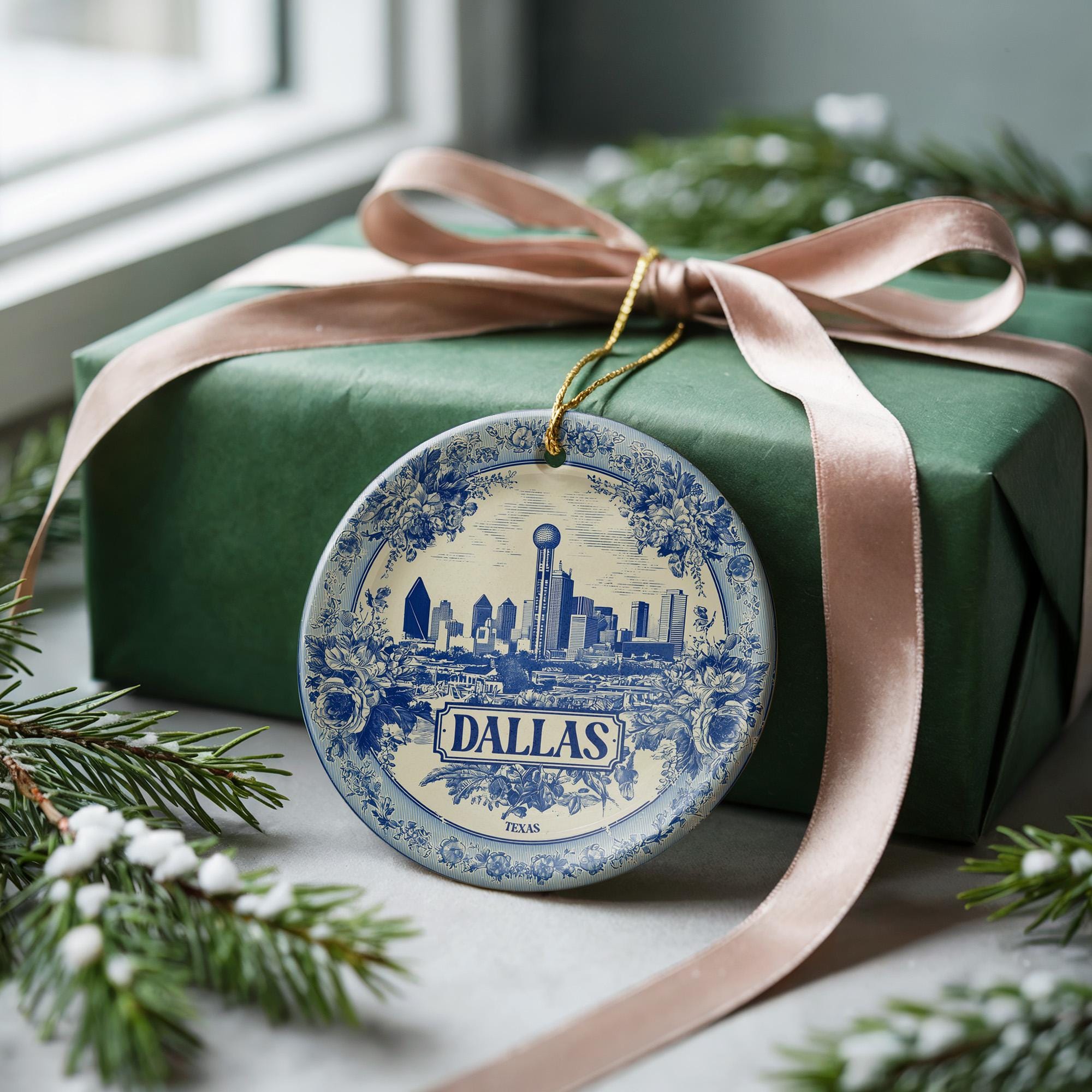Custom Dallas Texas Ceramic Delft Ornament, Christmas Delftware Blue Delftware city travel