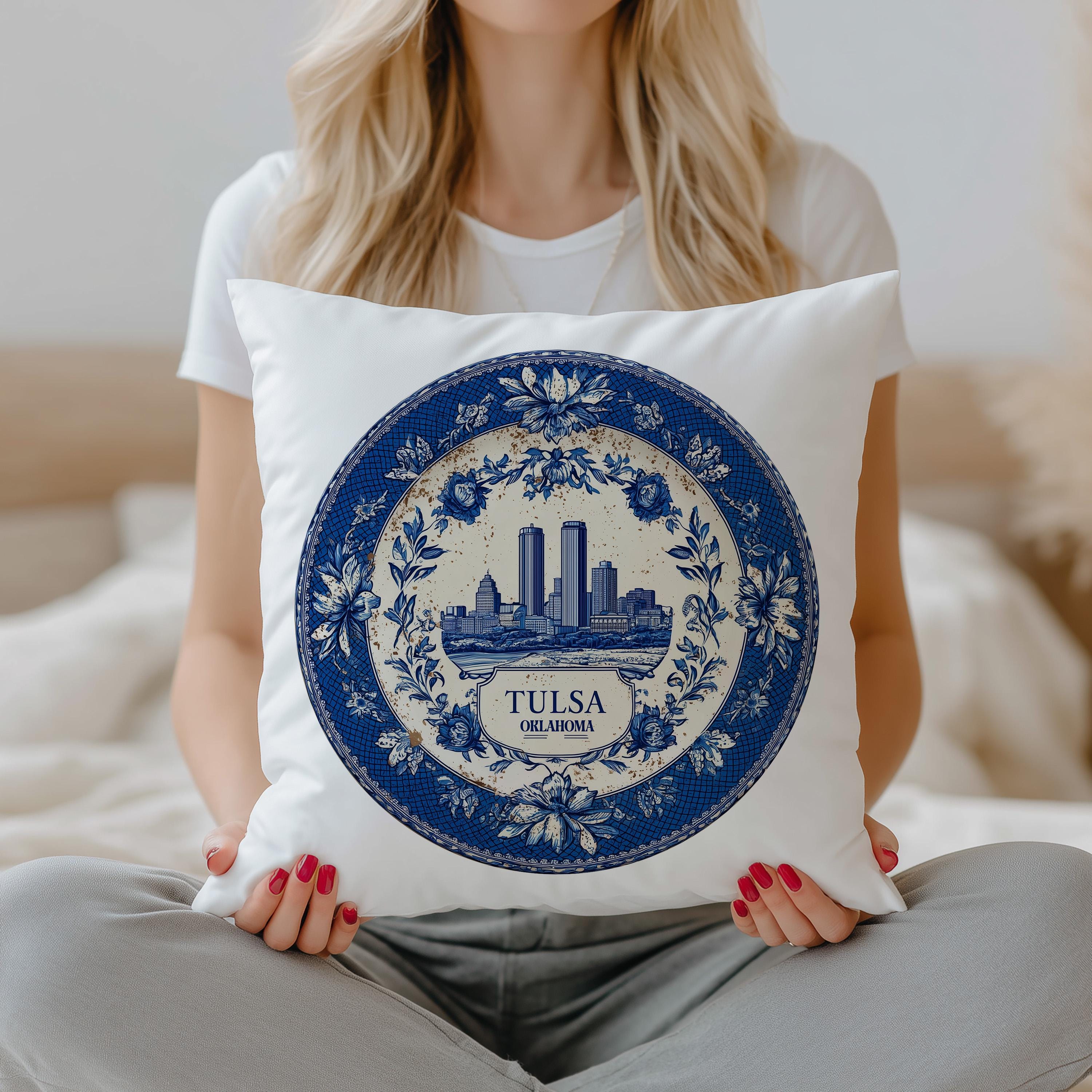 Tulsa Oklahoma Pillowcase, Delft Style Decorative Throw Pillow, Vintage Cityscape Retro Home Decor
