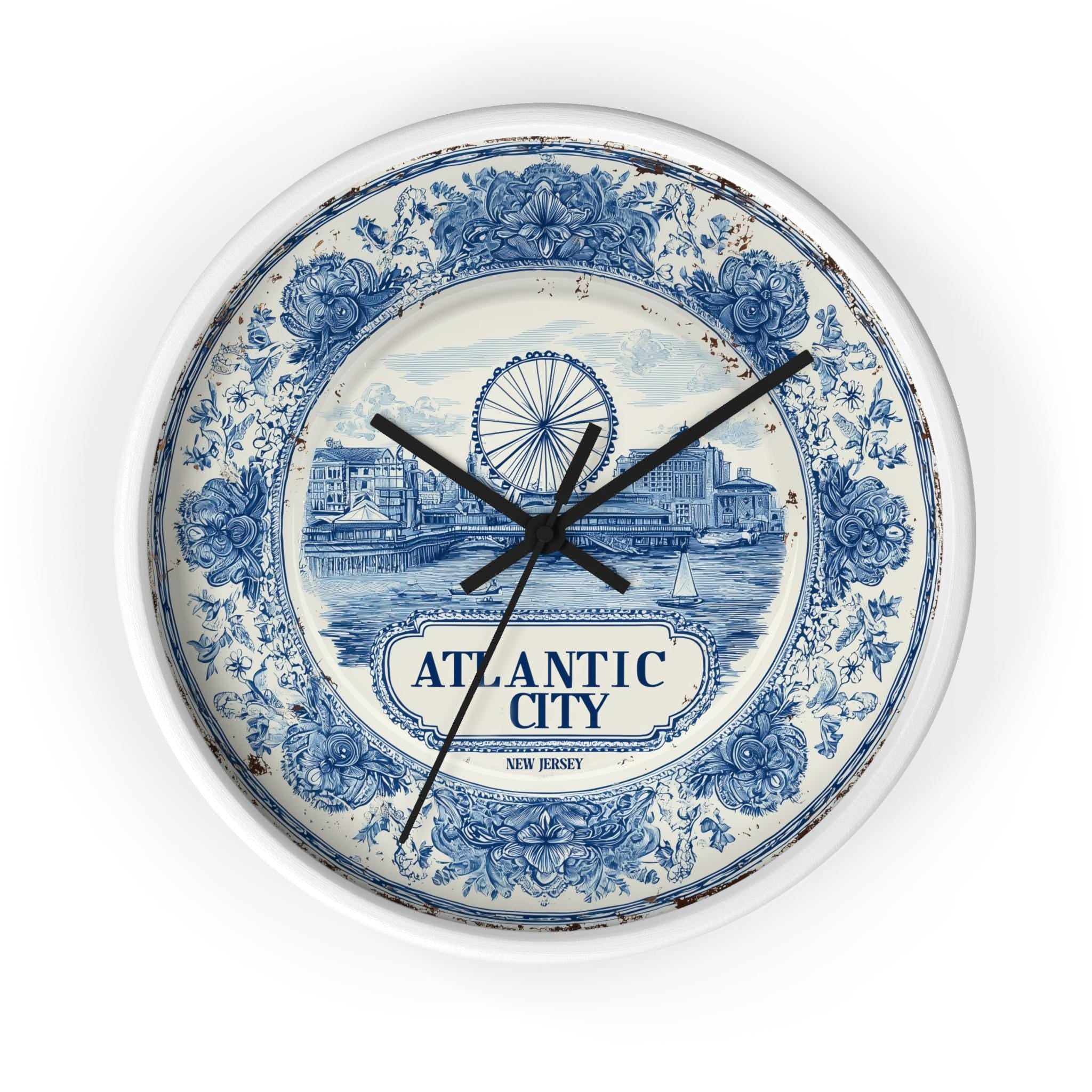 Atlantic City New Jersey Wall Clock, Delf style Home Decor, Vintage City Travel Keepsake Art