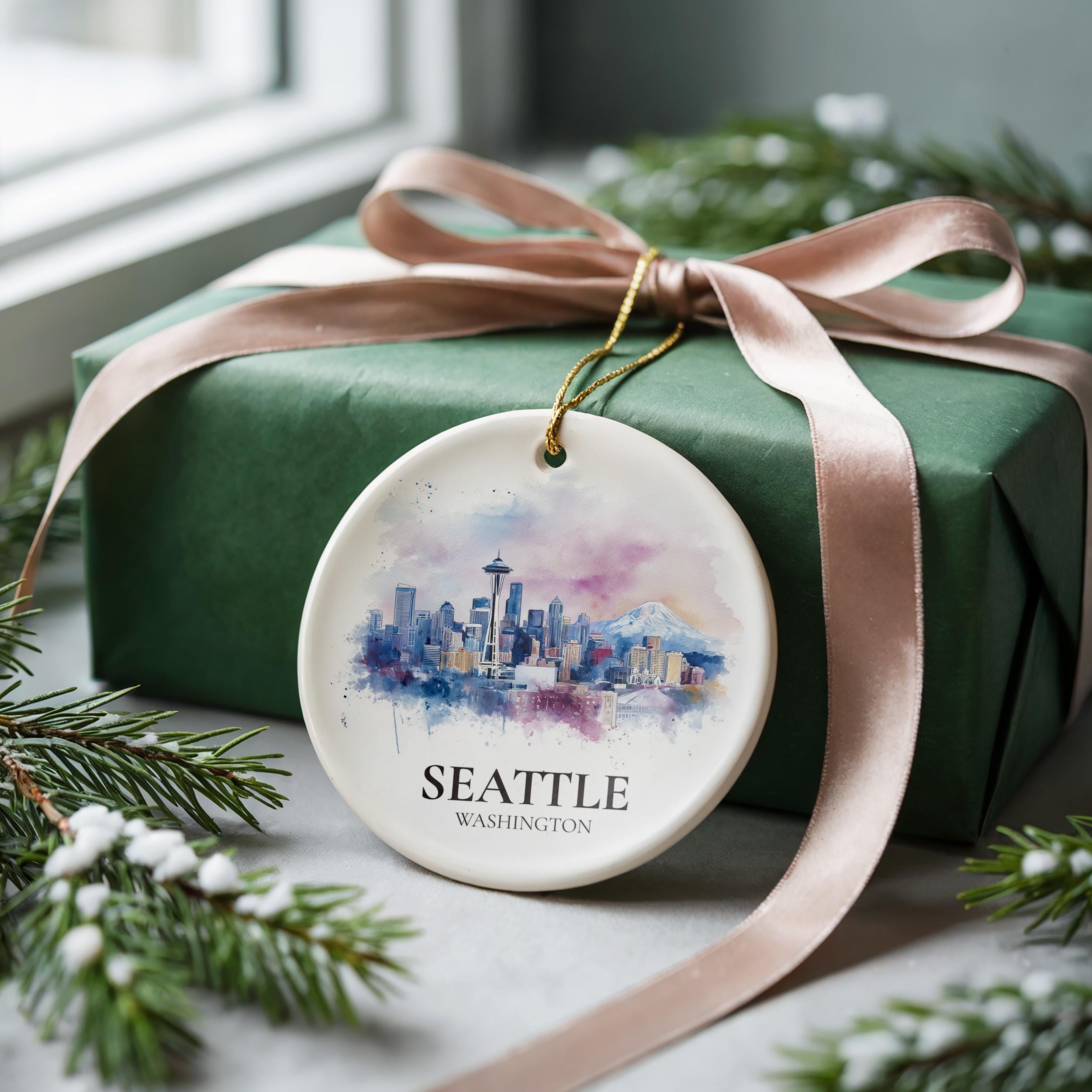 Seattle Washington Personalized Watercolor Ornament, Custom Ceramic Christmas gift, Travel Keepsake