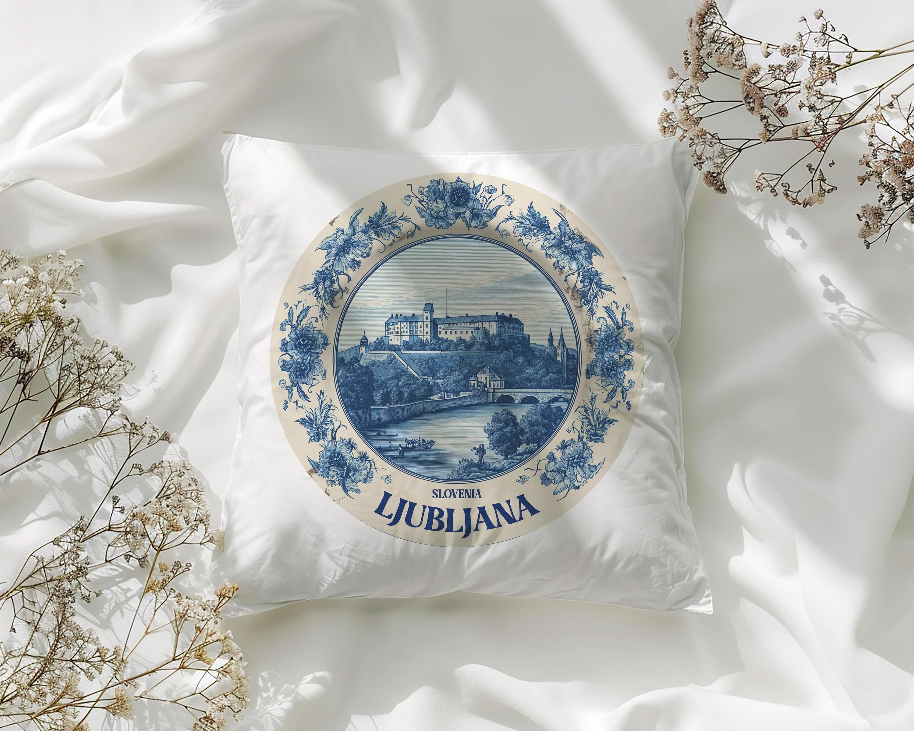 Ljubljana Slovenia Pillowcase, Delft Style Decorative Throw Pillow, Vintage Cityscape Retro Home Decor