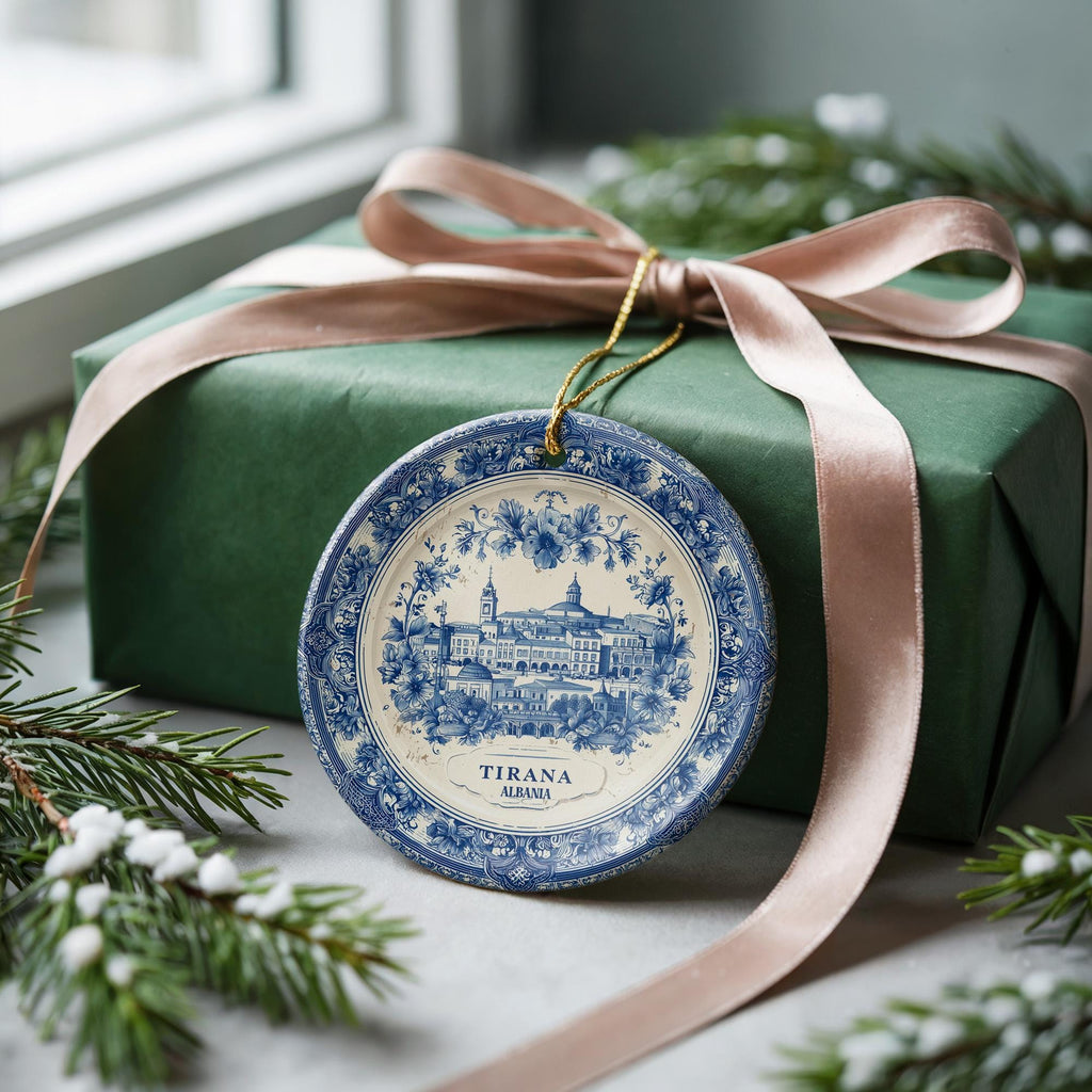 Custom Tirana Albania Ceramic Delft Ornament, Christmas Delftware Blue Delftware city travel