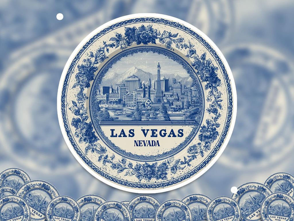 Las Vegas Nevada Sticker Vintage Delft style, Delftware Decal Waterproof Vinyl, Blue City Travel