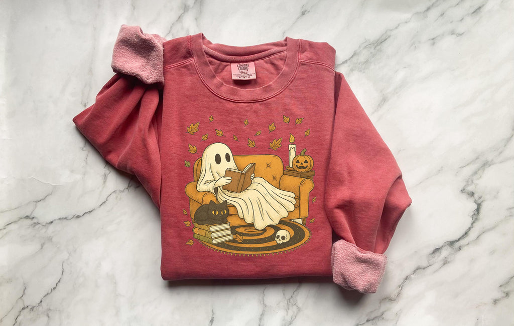 Retro Ghost reading book Halloween, Lazy Cute Halloween Spooky Season gift for her, Boo School, gift for her, him