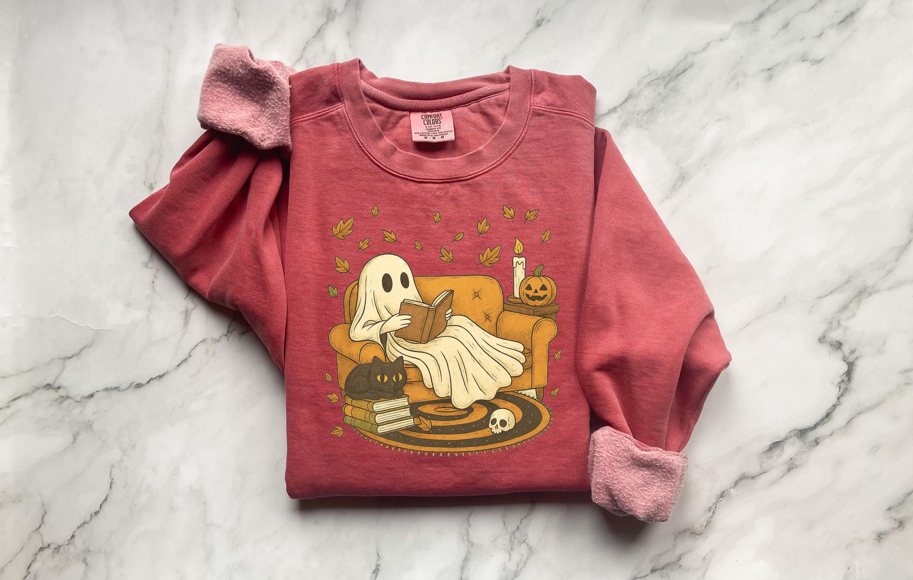 Retro Ghost reading book Halloween, Lazy Cute Halloween Spooky Season gift for her, Boo School, gift for her, him