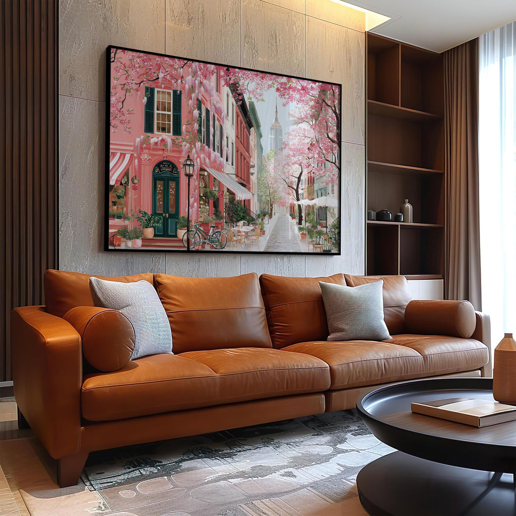 New York Spring Wall Art, Cherry Blossom Floral Empire State Travel Gift Decor Print