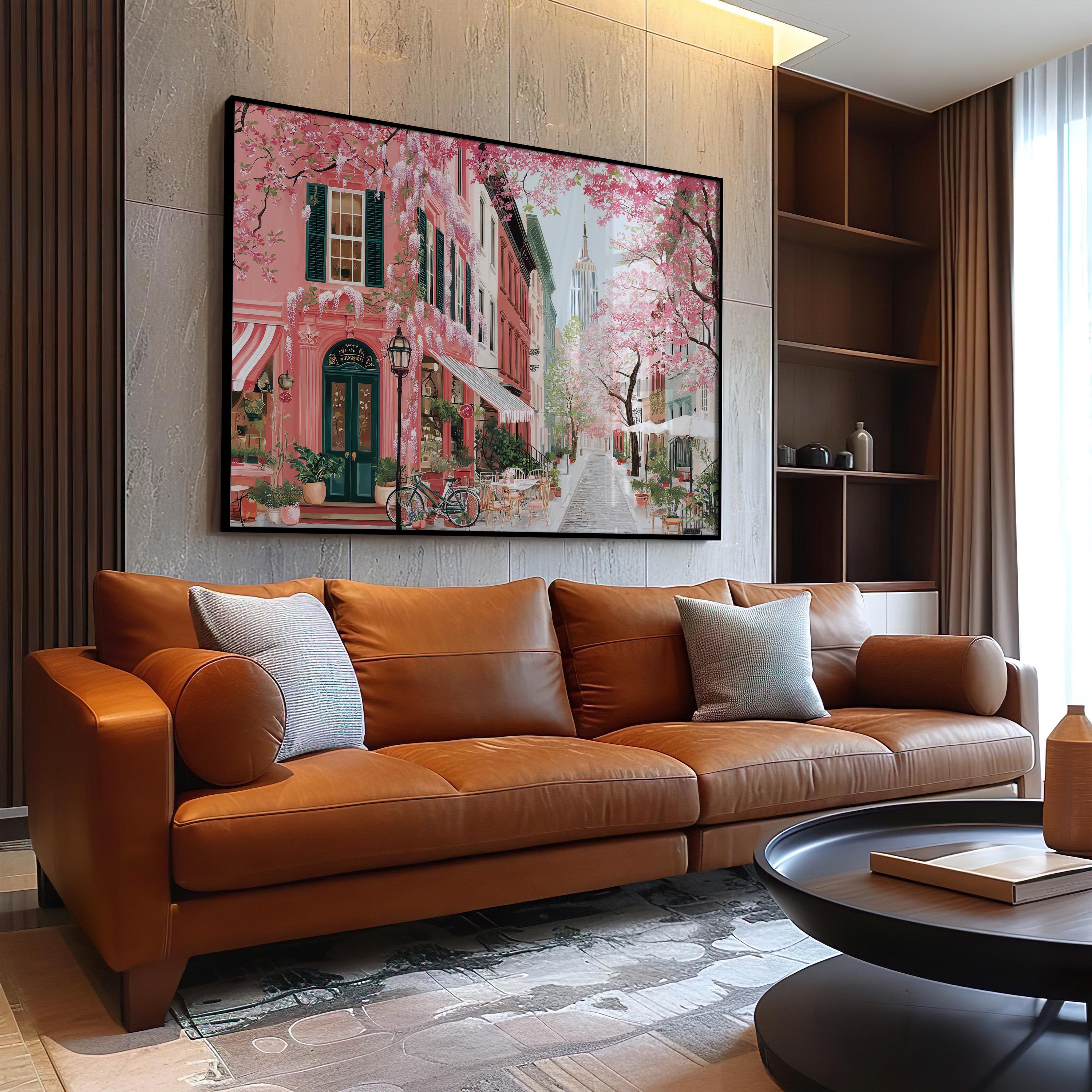 New York Spring Wall Art, Cherry Blossom Floral Empire State Travel Gift Decor Print