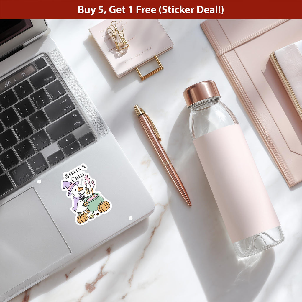 Spells & Chill Sticker, Silly Goose Sarcastic Decal, Cute Witch Halloween Vinyl