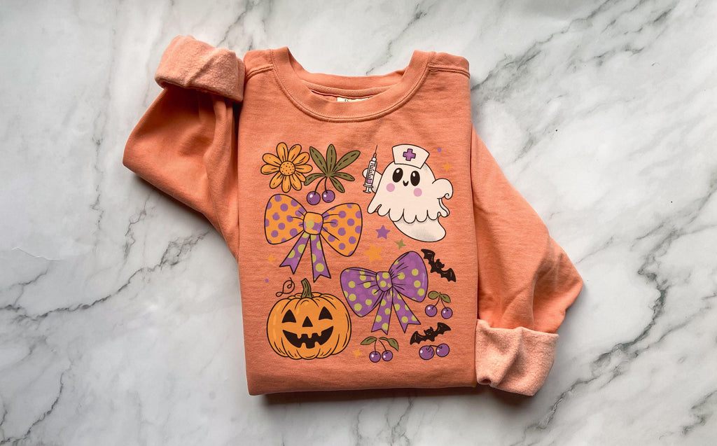 Halloween Nurse Ghost Sweatshirt, Retro Spooky Pumpkin Fall Crewneck, Cute Ghost Nurse Pullover with Flowers and Bows, Gift for RN