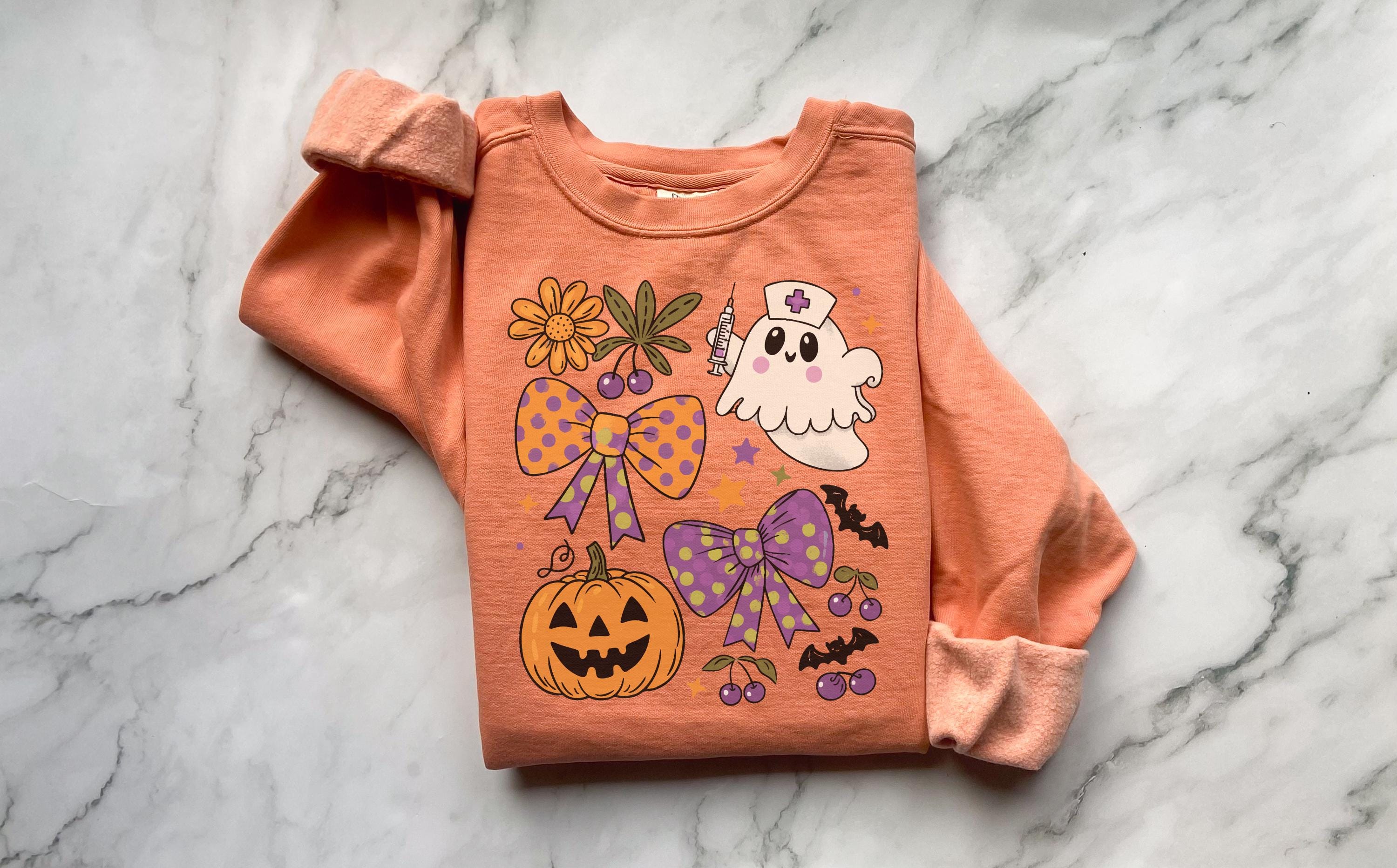 Halloween Nurse Ghost Sweatshirt, Retro Spooky Pumpkin Fall Crewneck, Cute Ghost Nurse Pullover with Flowers and Bows, Gift for RN