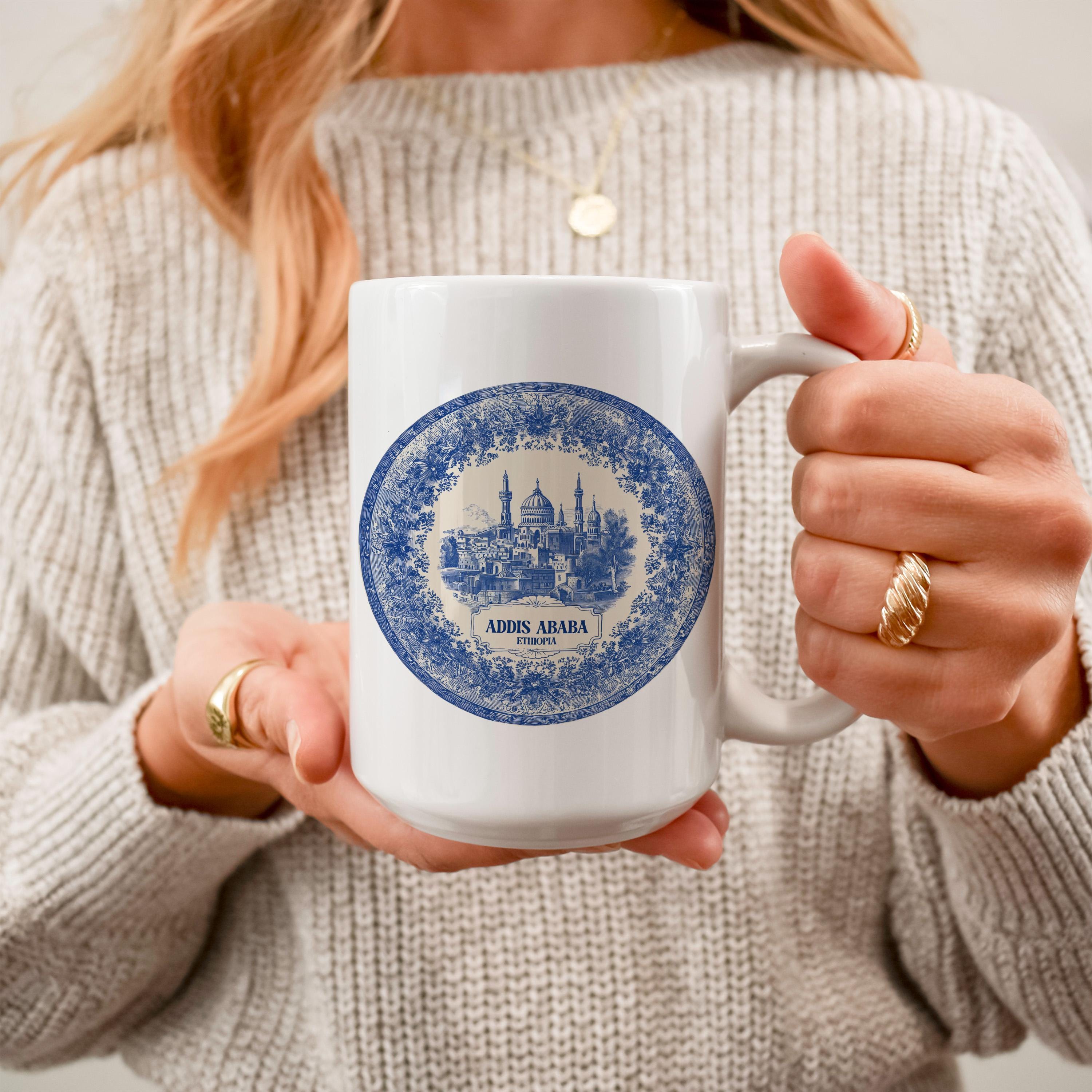 Addis Ababa Ethiopia Mug, Custom Delft Style cup, Personalized Vintage Travel City Gift