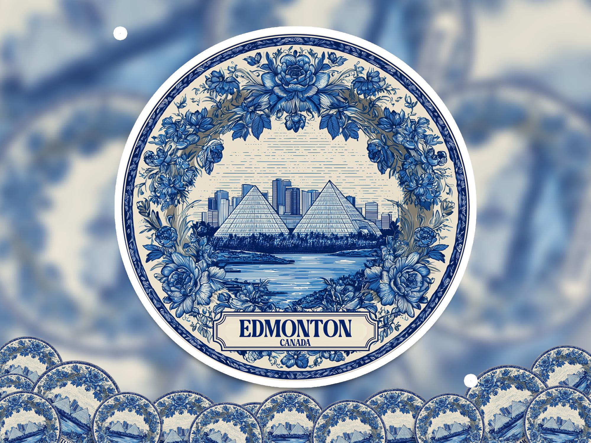 Edmonton Canada Sticker Vintage Delft style, Delftware Decal Waterproof Vinyl, Blue City Travel