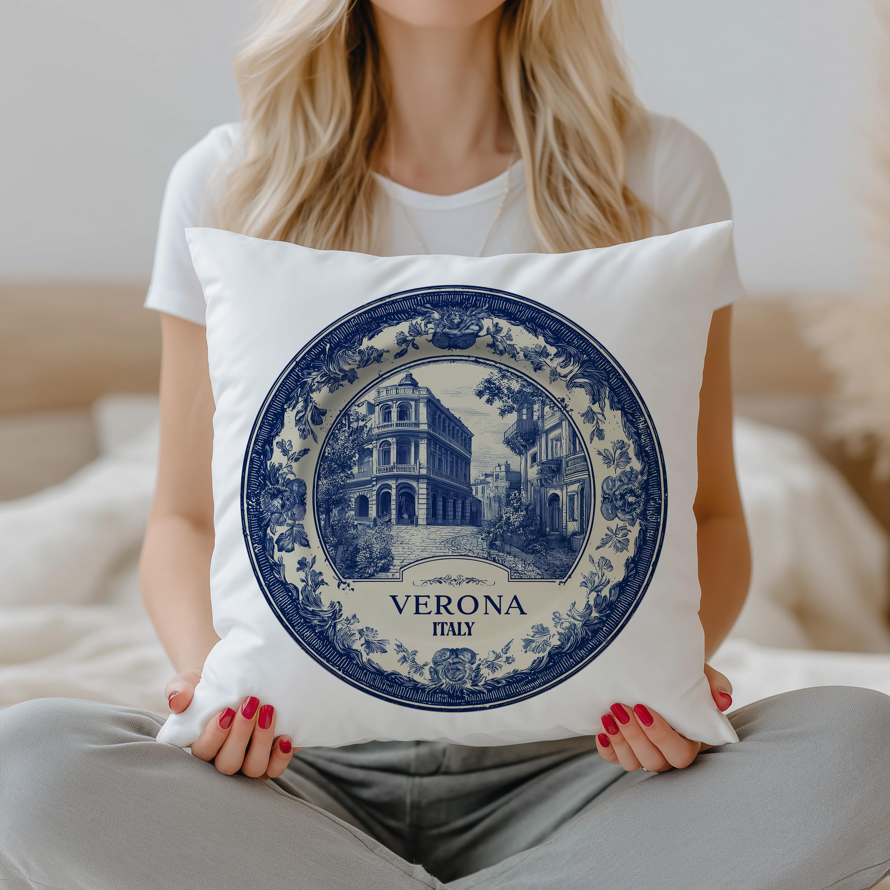 Verona Italy Pillowcase, Delft Style Decorative Throw Pillow, Vintage Cityscape Retro Home Decor