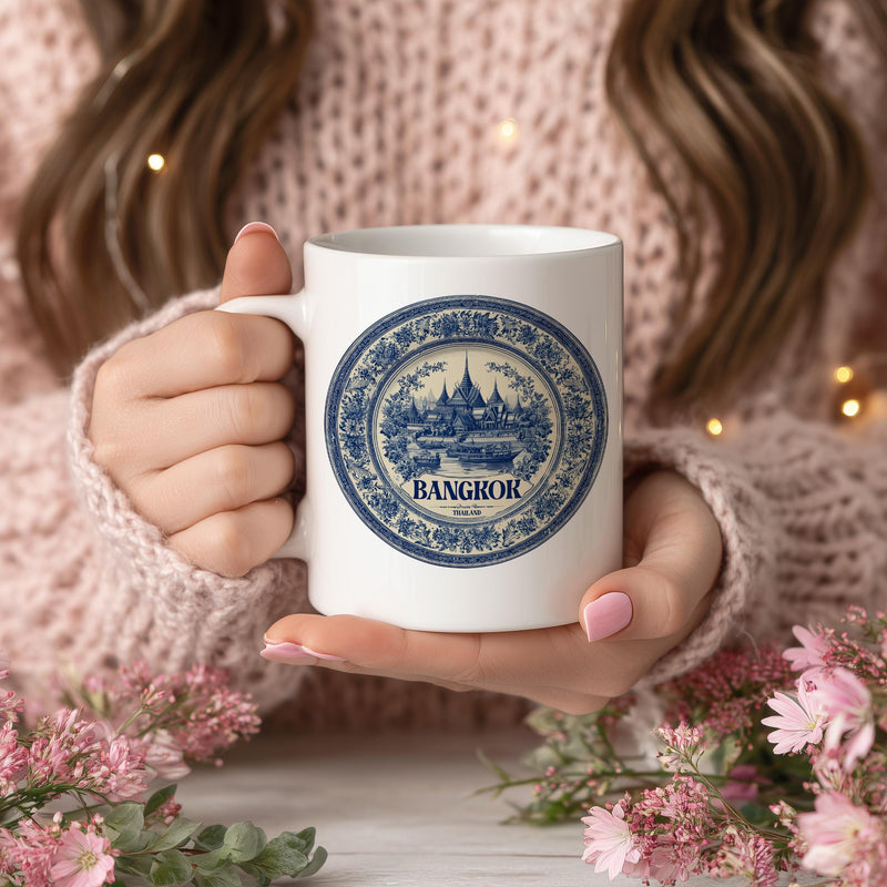 Bangkok Thailand Mug, Custom Delft Style cup, Personalized Vintage Travel City Gift