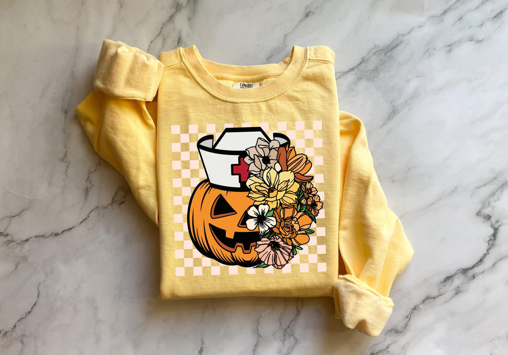Halloween Nurse  Pumpkin Sweatshirt, Spooky RN Fall Top Cozy Autumn Pullover, Cute Retro Gift for Nurse