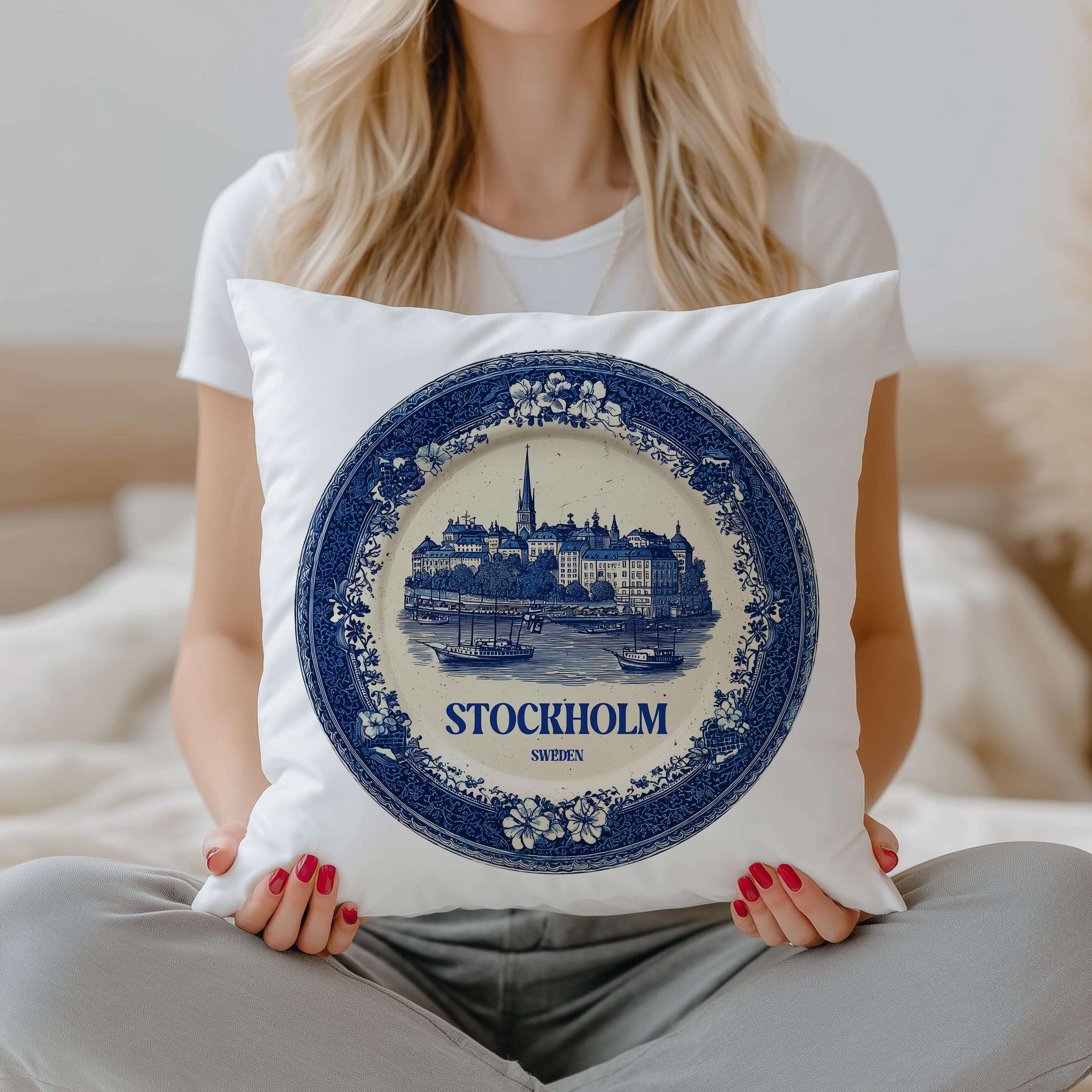 Stockholm Sweden Pillowcase, Delft Style Decorative Throw Pillow, Vintage Cityscape Retro Home Decor