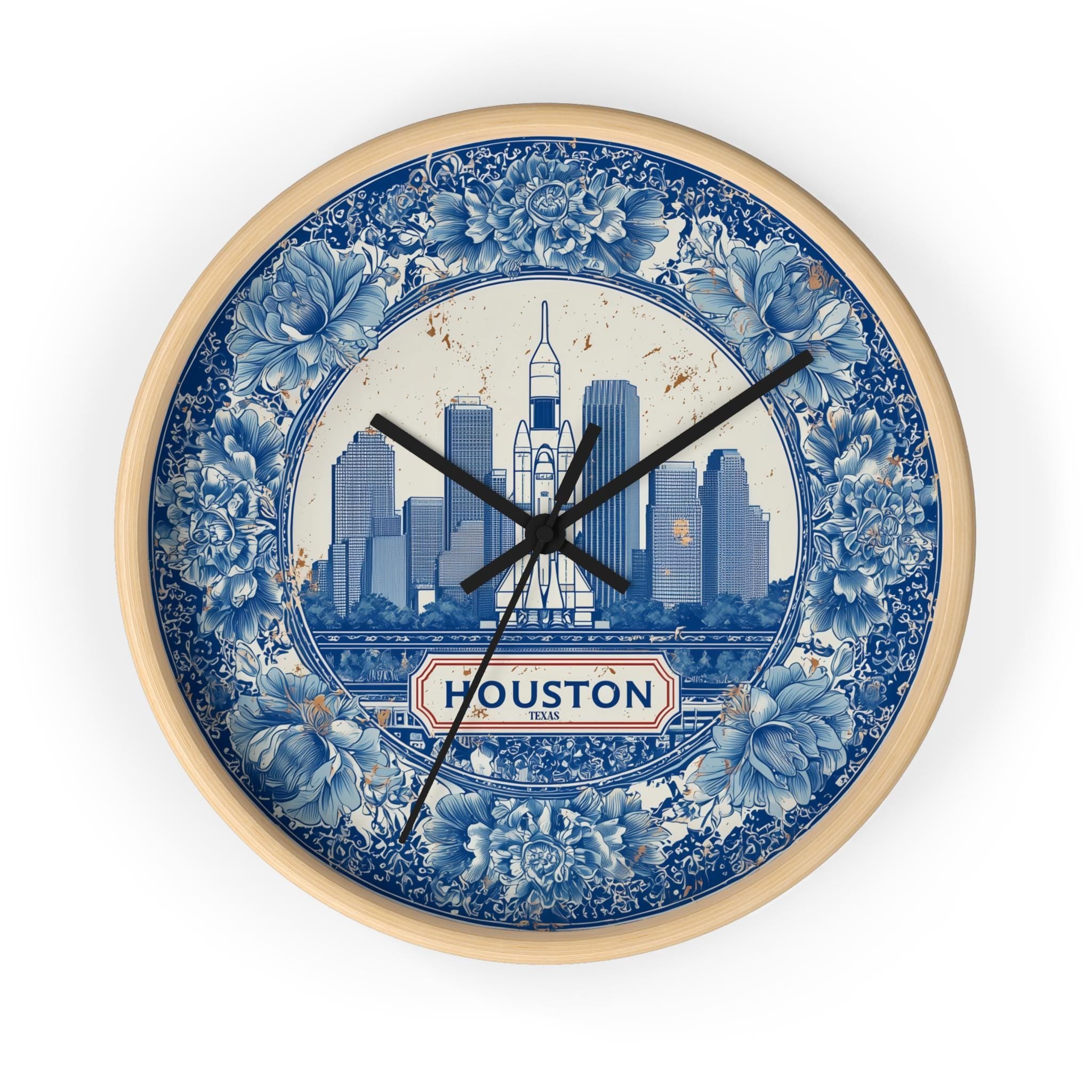 Houston Texas Wall Clock, Delf style Home Decor, Vintage City Travel Keepsake Art