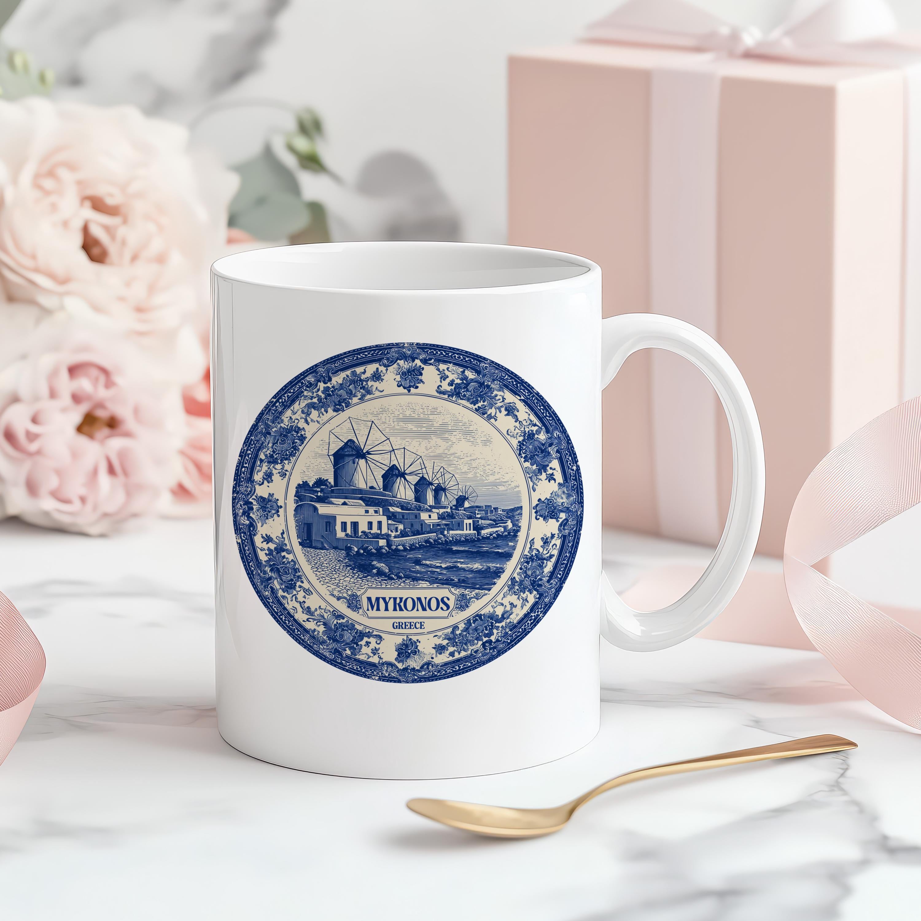 Mykonos Greece Mug, Custom Delft Style cup, Personalized Vintage Travel City Gift