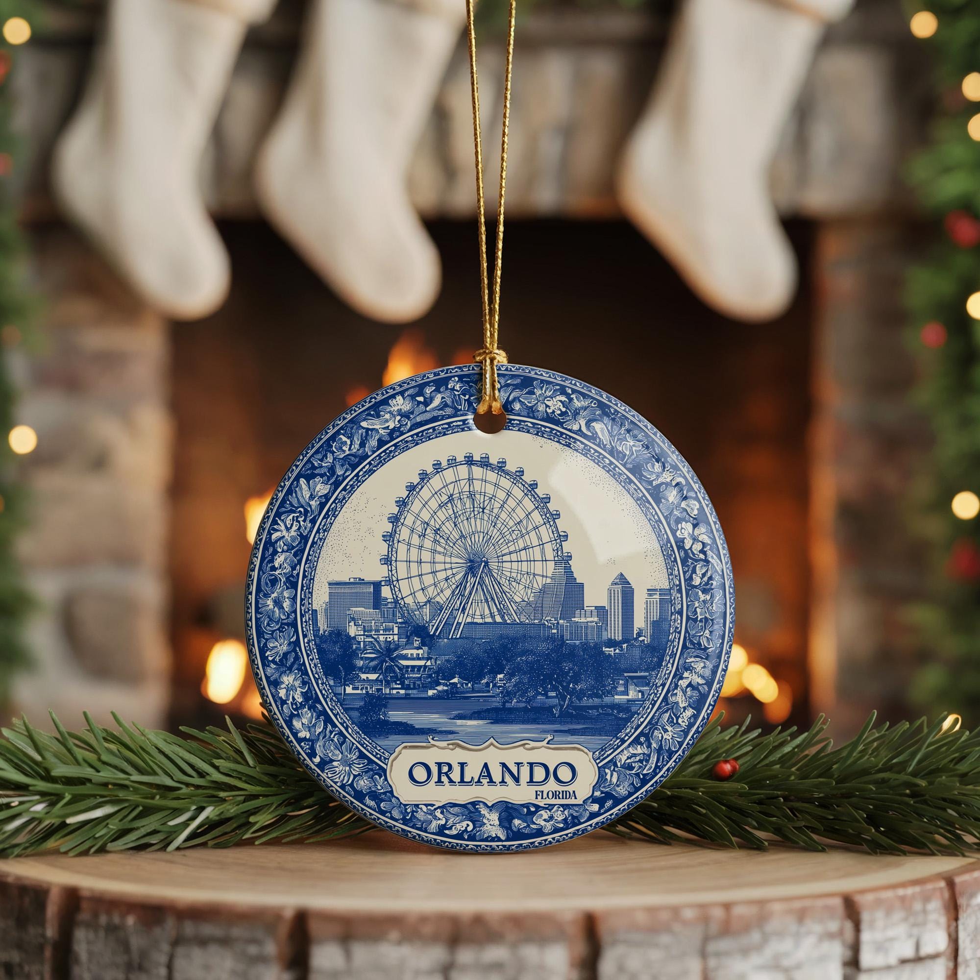 Custom Orlando Florida Ceramic Delft Ornament, Christmas Delftware Blue Delftware city travel