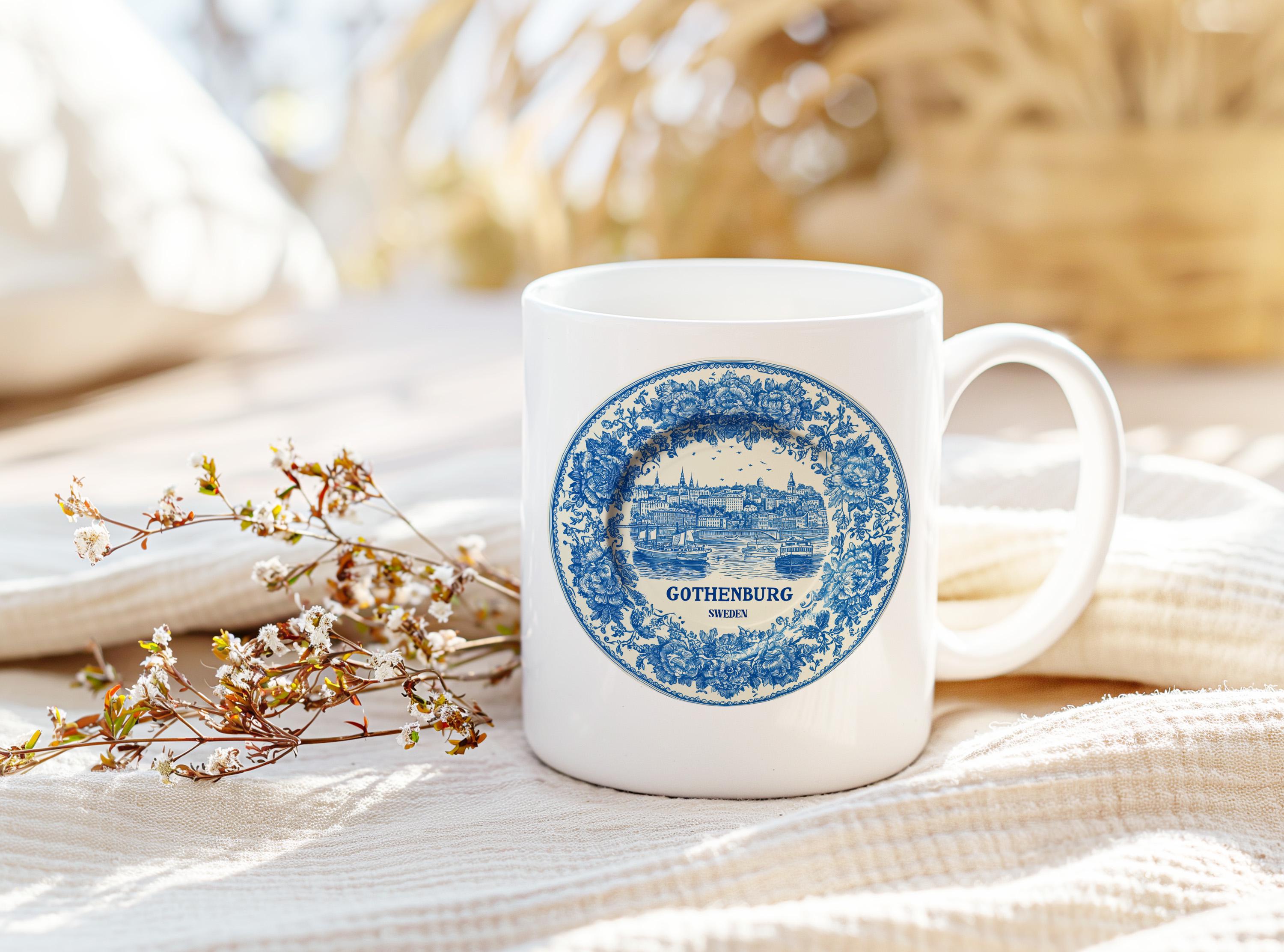 Gothenburg Sweden Mug, Custom Delft Style cup, Personalized Vintage Travel City Gift