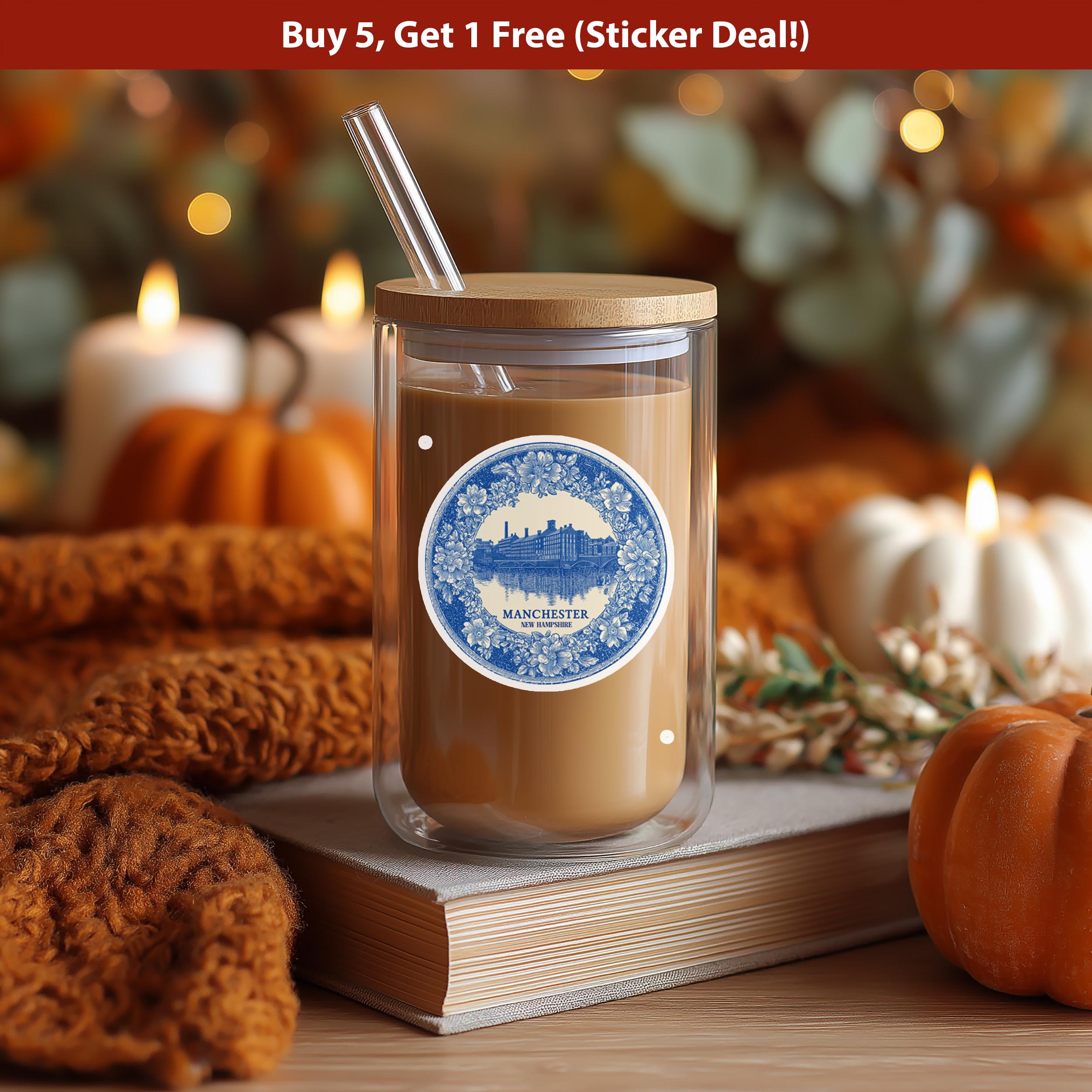 Manchester New Hampshire Sticker Vintage Delft style, Delftware Decal Waterproof Vinyl, Blue City Travel