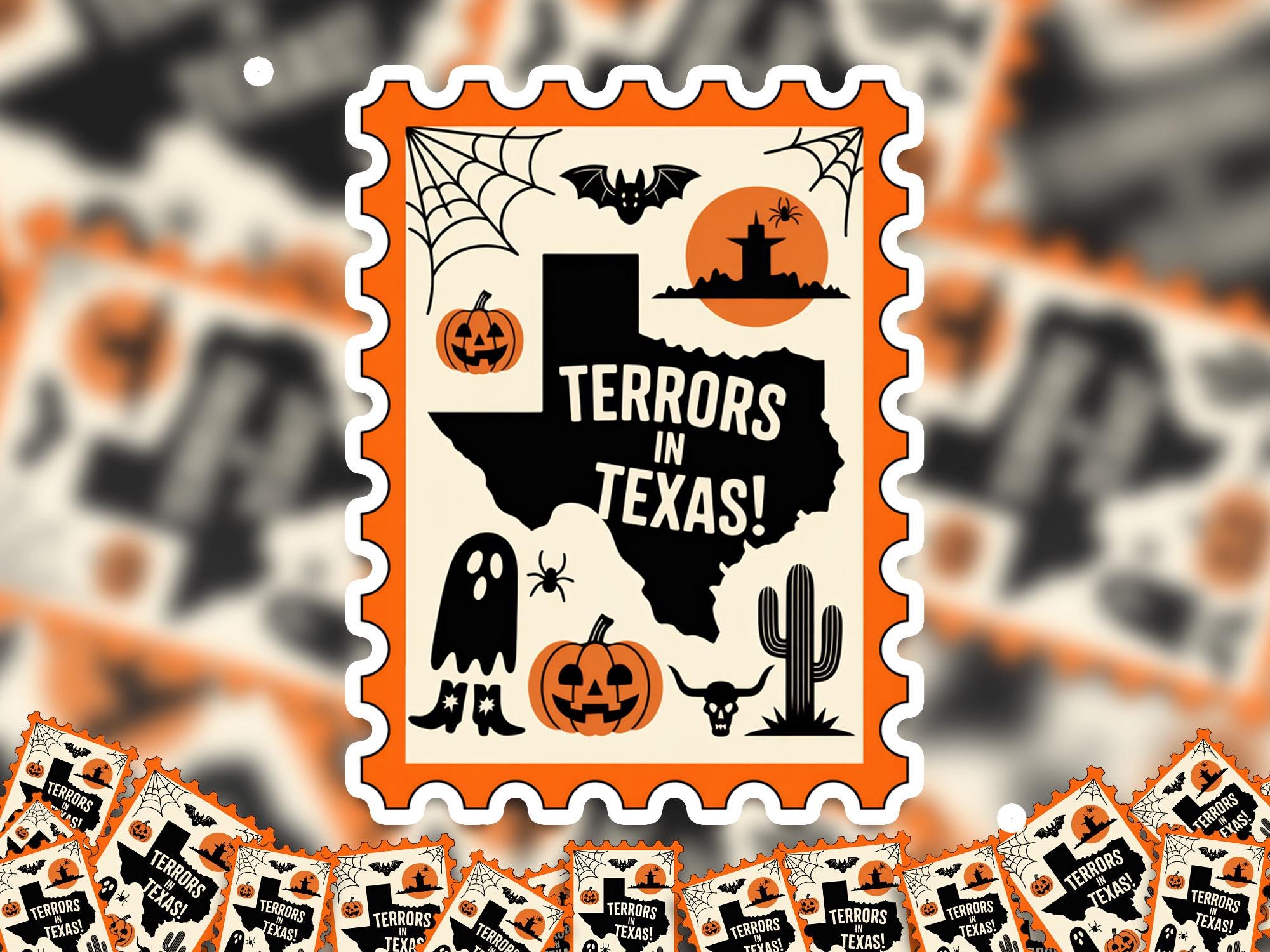 Texas Stamp Halloween Sticker, Spooky USA Kiss-Cut Vinyl, Waterproof Decal, United States Travel