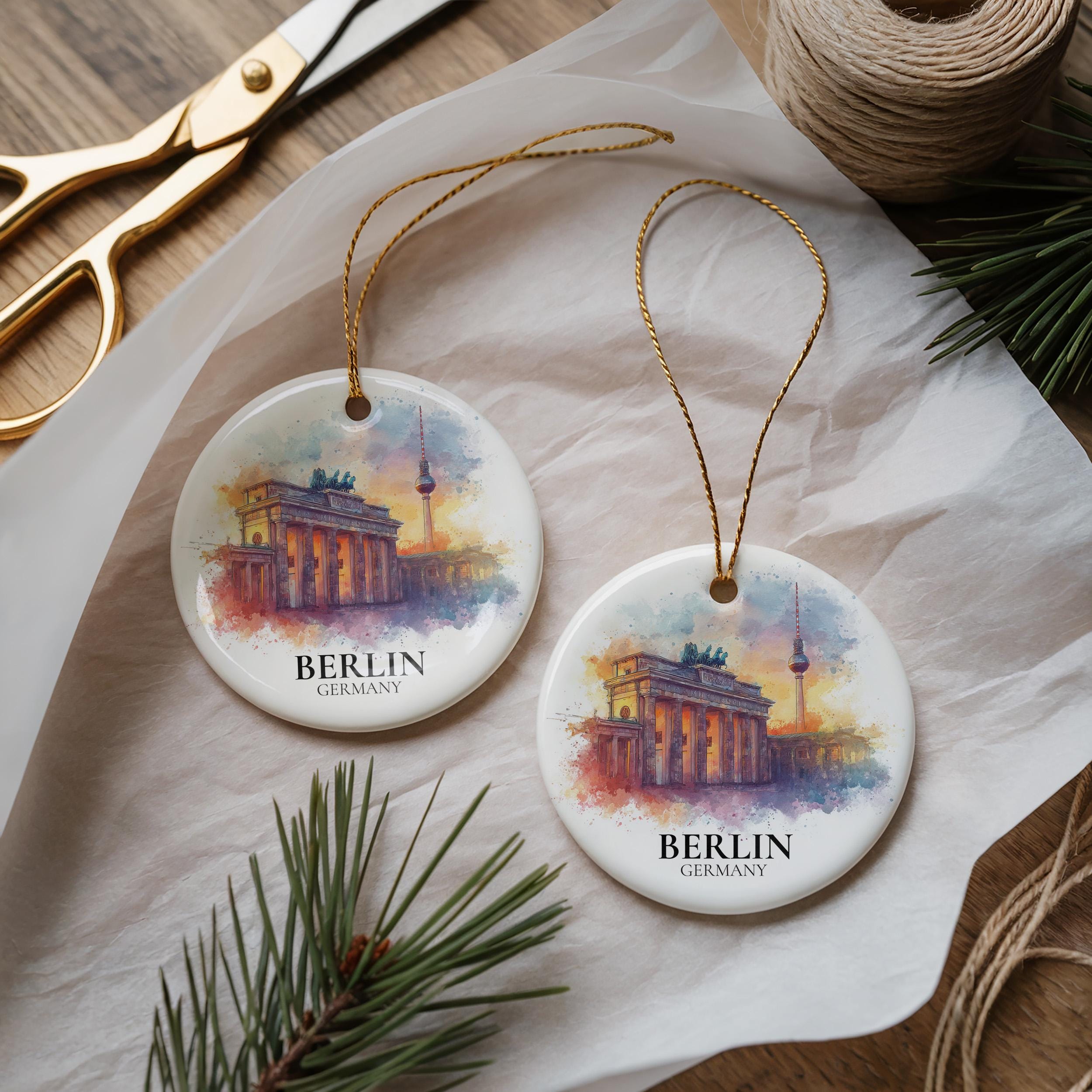 Berlin Germany Personalized Watercolor Ornament, Custom Ceramic Christmas gift, Travel Keepsake