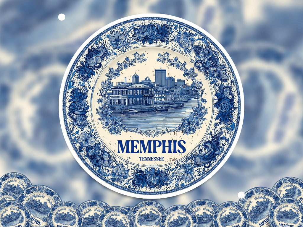 Memphis Tennessee Sticker Vintage Delft style, Delftware Decal Waterproof Vinyl, Blue City Travel