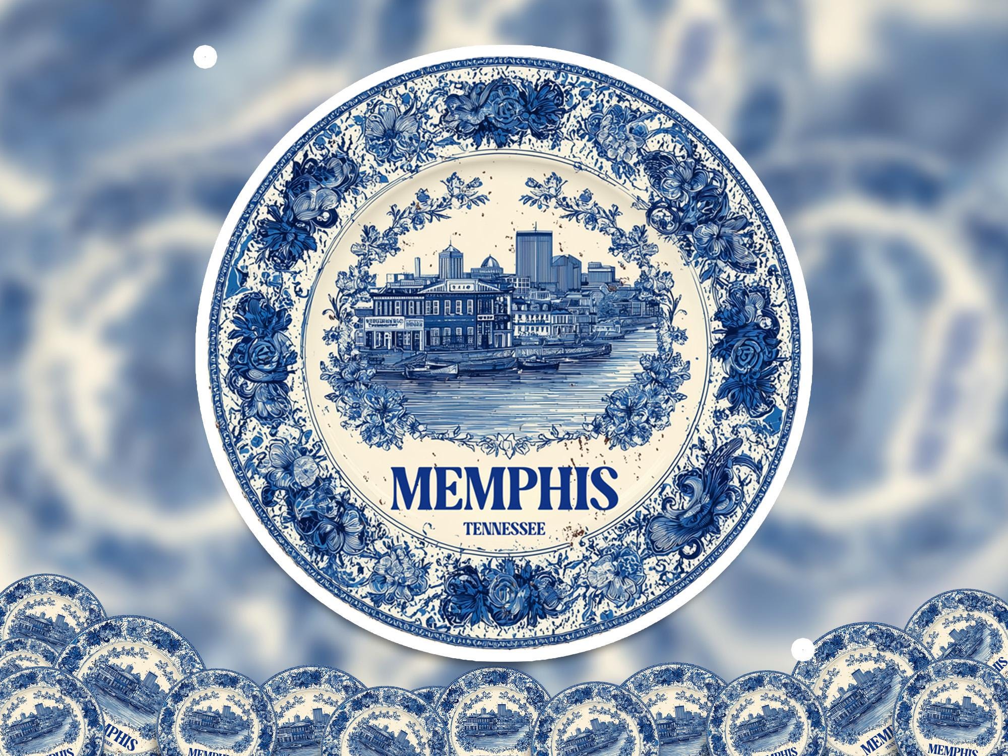 Memphis Tennessee Sticker Vintage Delft style, Delftware Decal Waterproof Vinyl, Blue City Travel