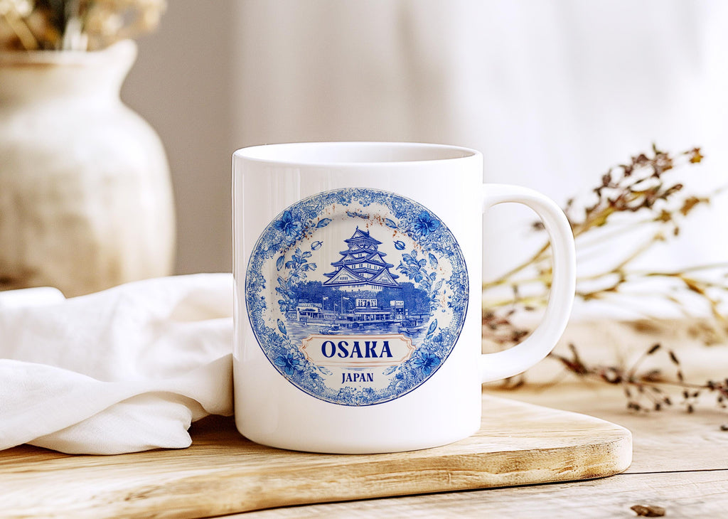 Osaka Japan Mug, Custom Delft Style cup, Personalized Vintage Travel City Gift