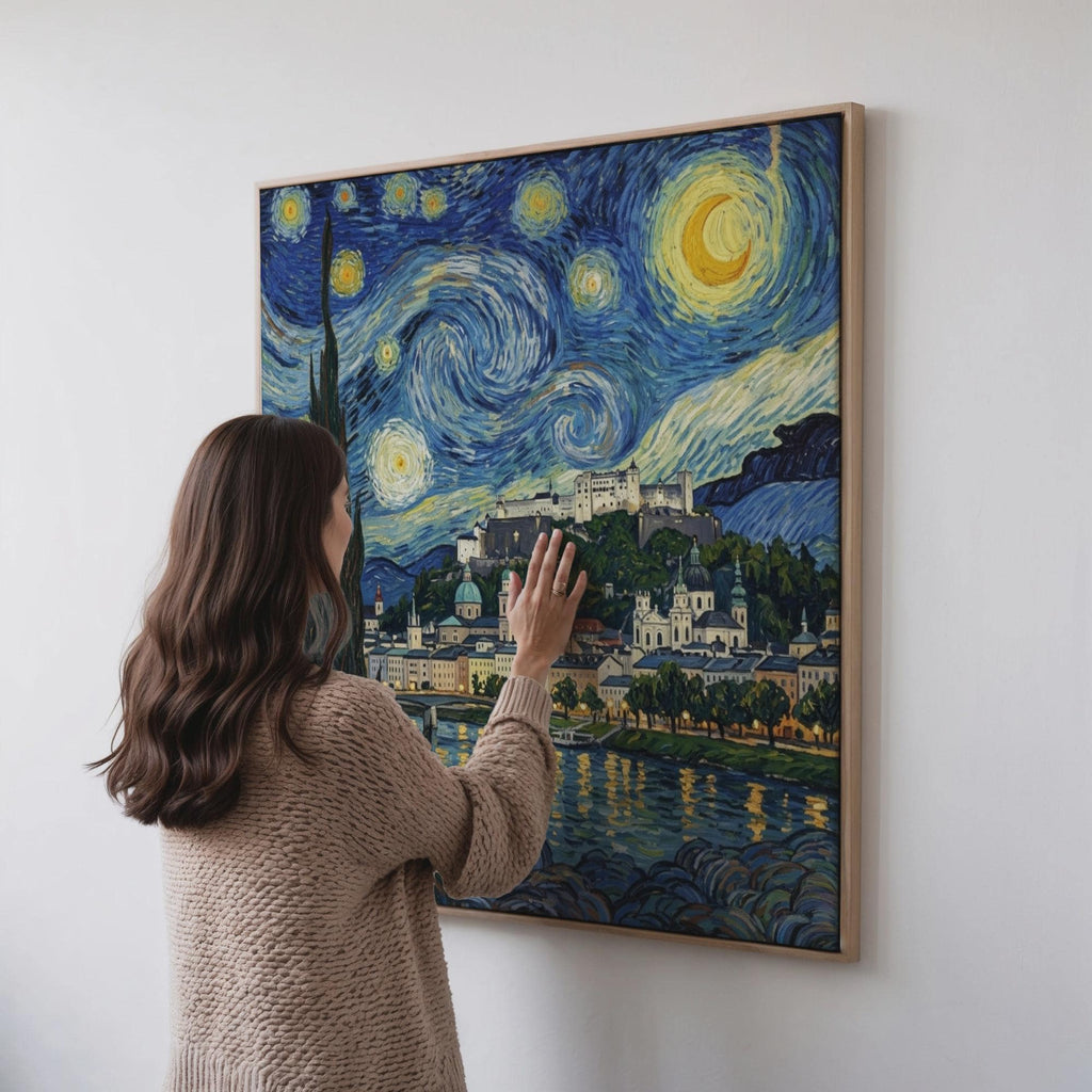 Salzburg Starry Night Wall Art, Van Gogh Style Framed Canvas, Austria City Print