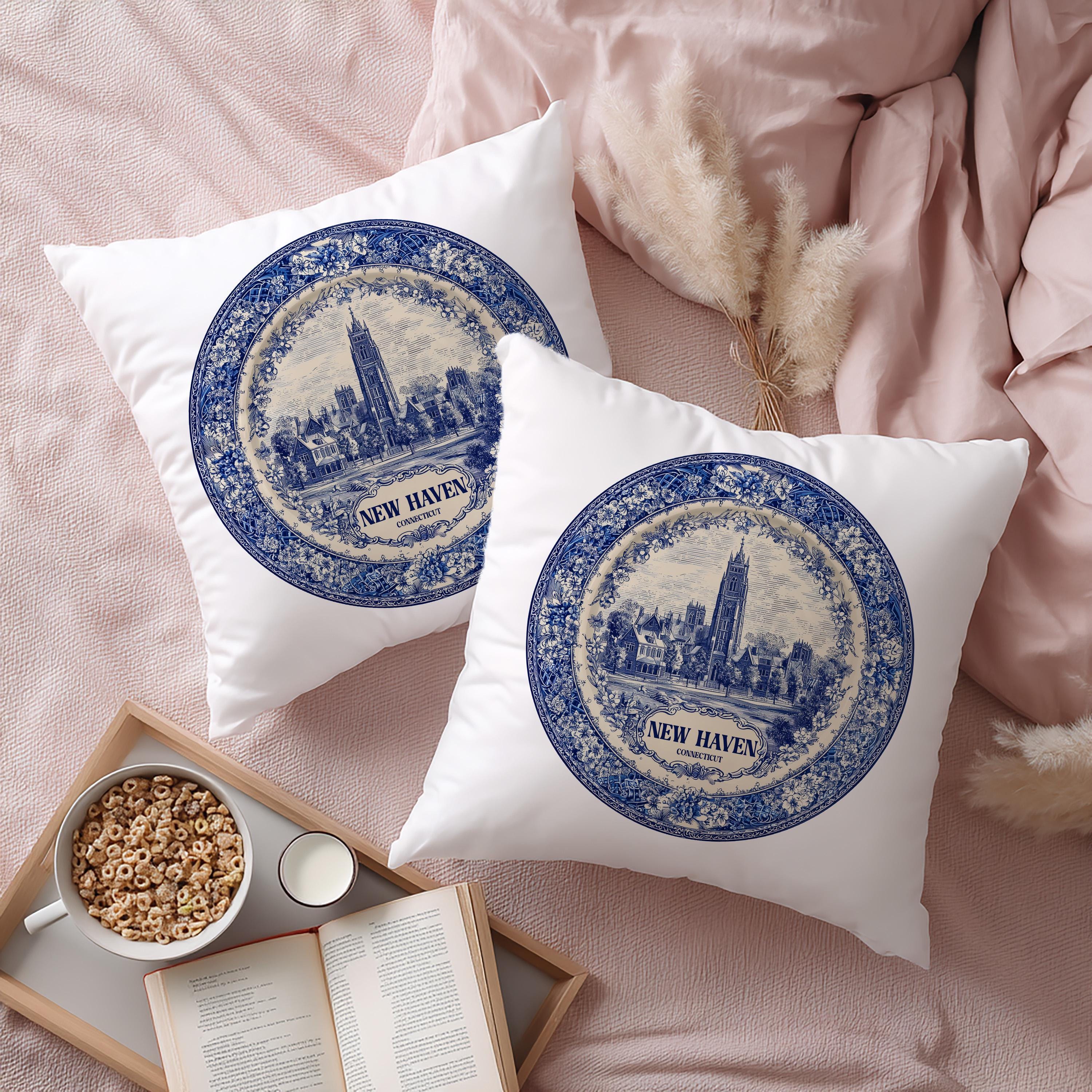 New Haven Connecticut Pillowcase, Delft Style Decorative Throw Pillow, Vintage Cityscape Retro Home Decor