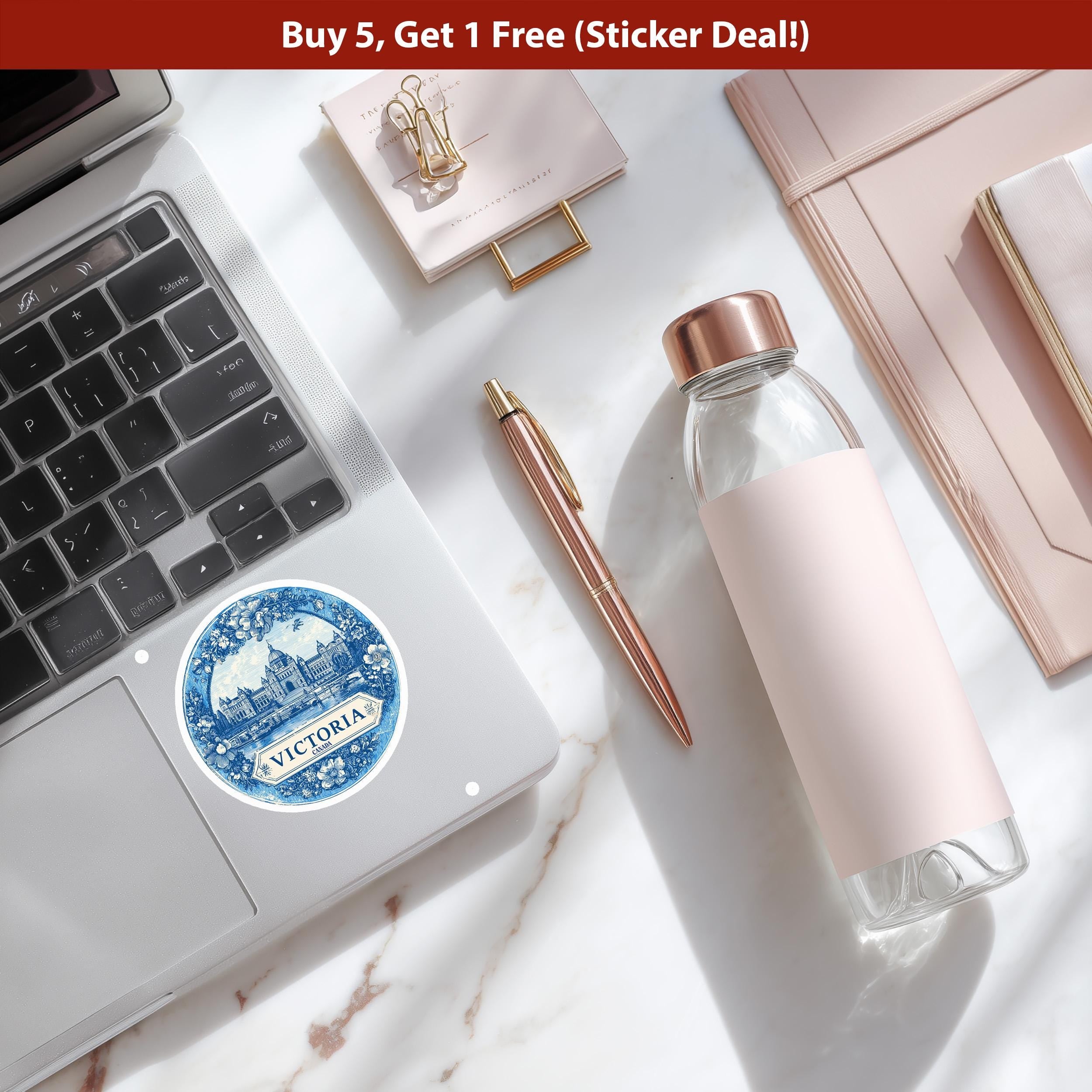 Victoria Canada Sticker Vintage Delft style, Delftware Decal Waterproof Vinyl, Blue City Travel